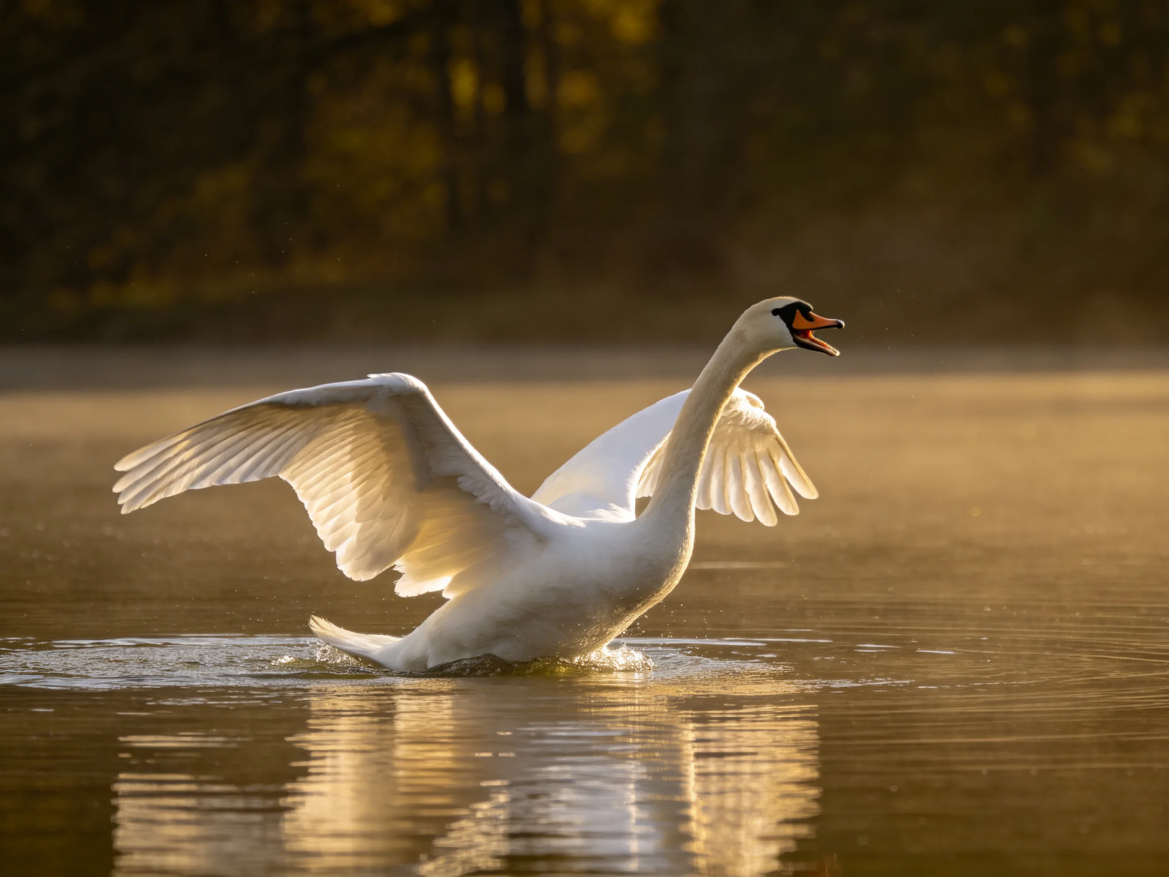 White swan spreading wings in golden water