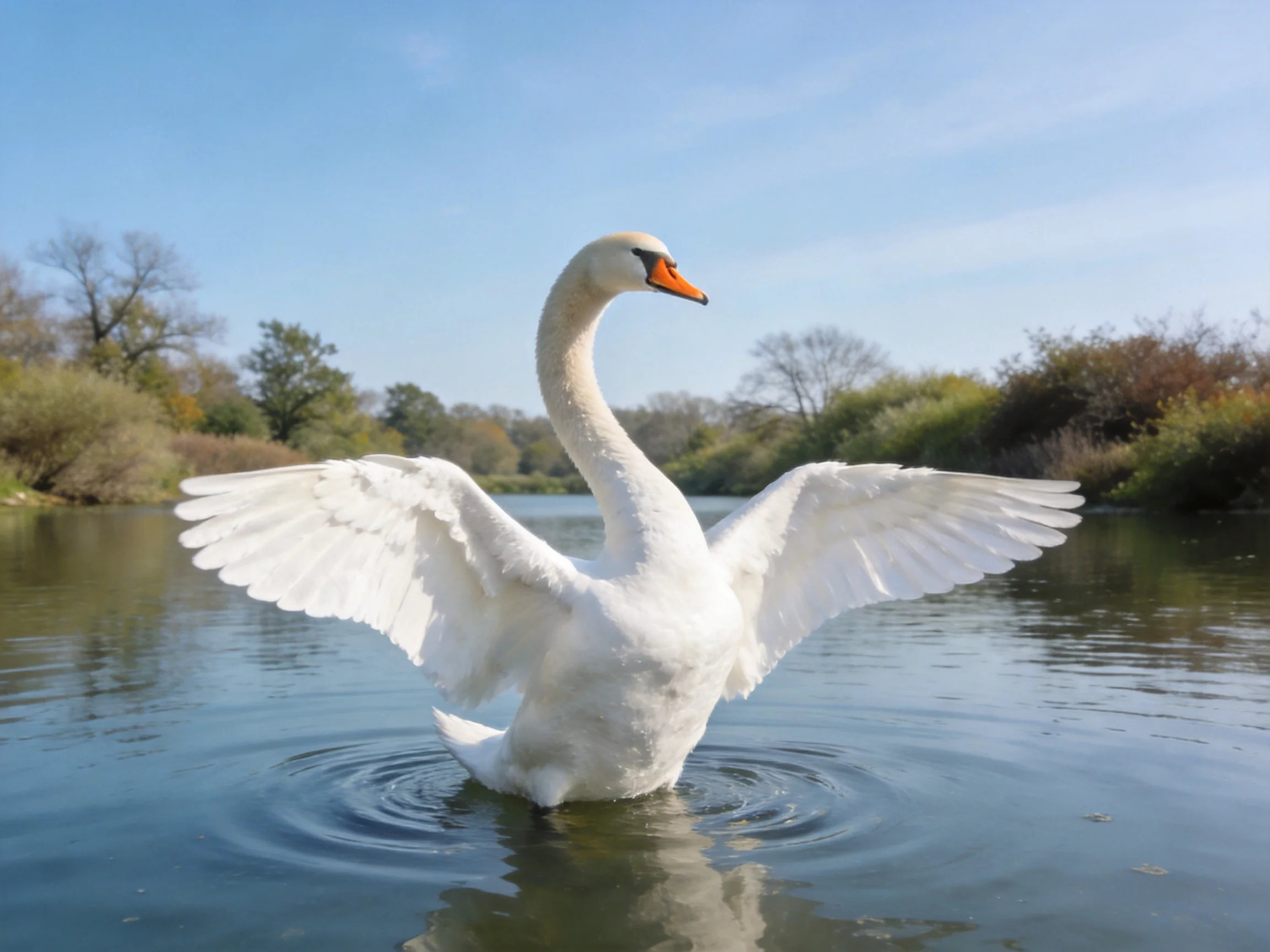 White swan spreading wings in tranquil water