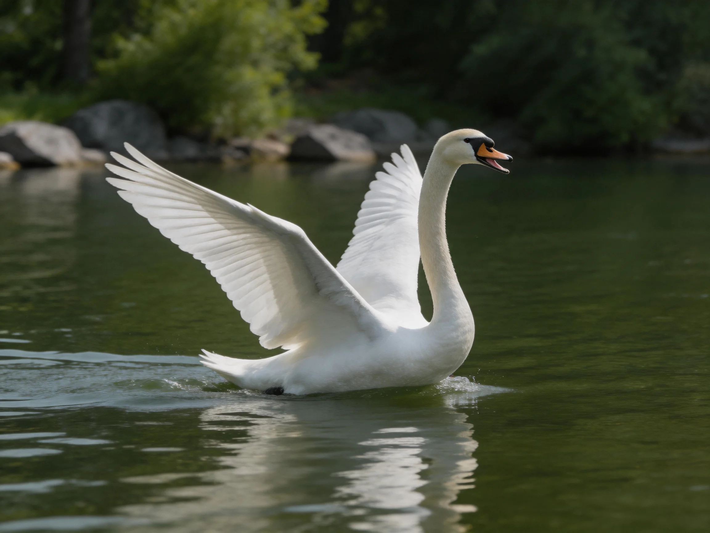 White swan spreading wings on calm green water