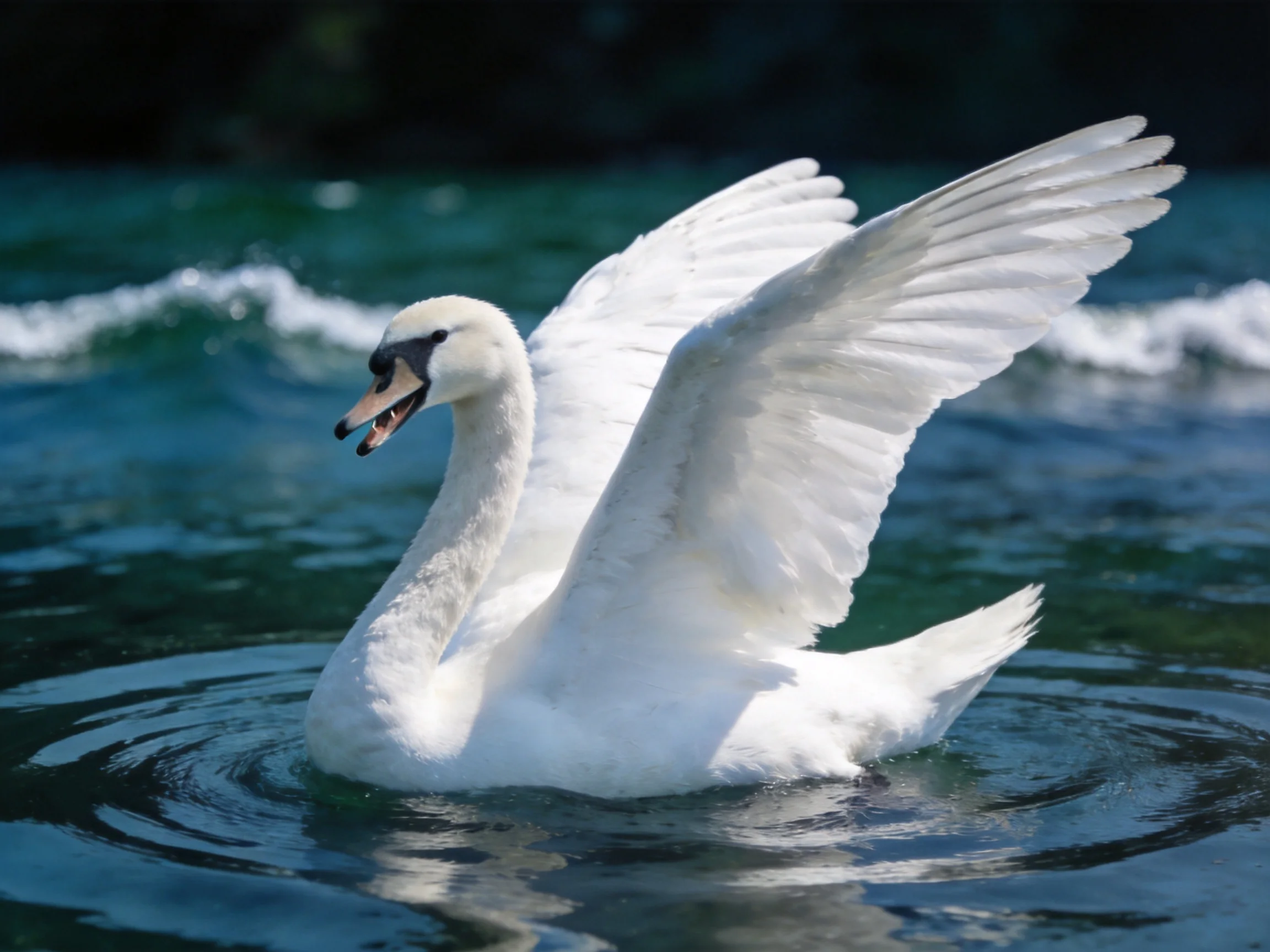 White swan spreading wings over turquoise water