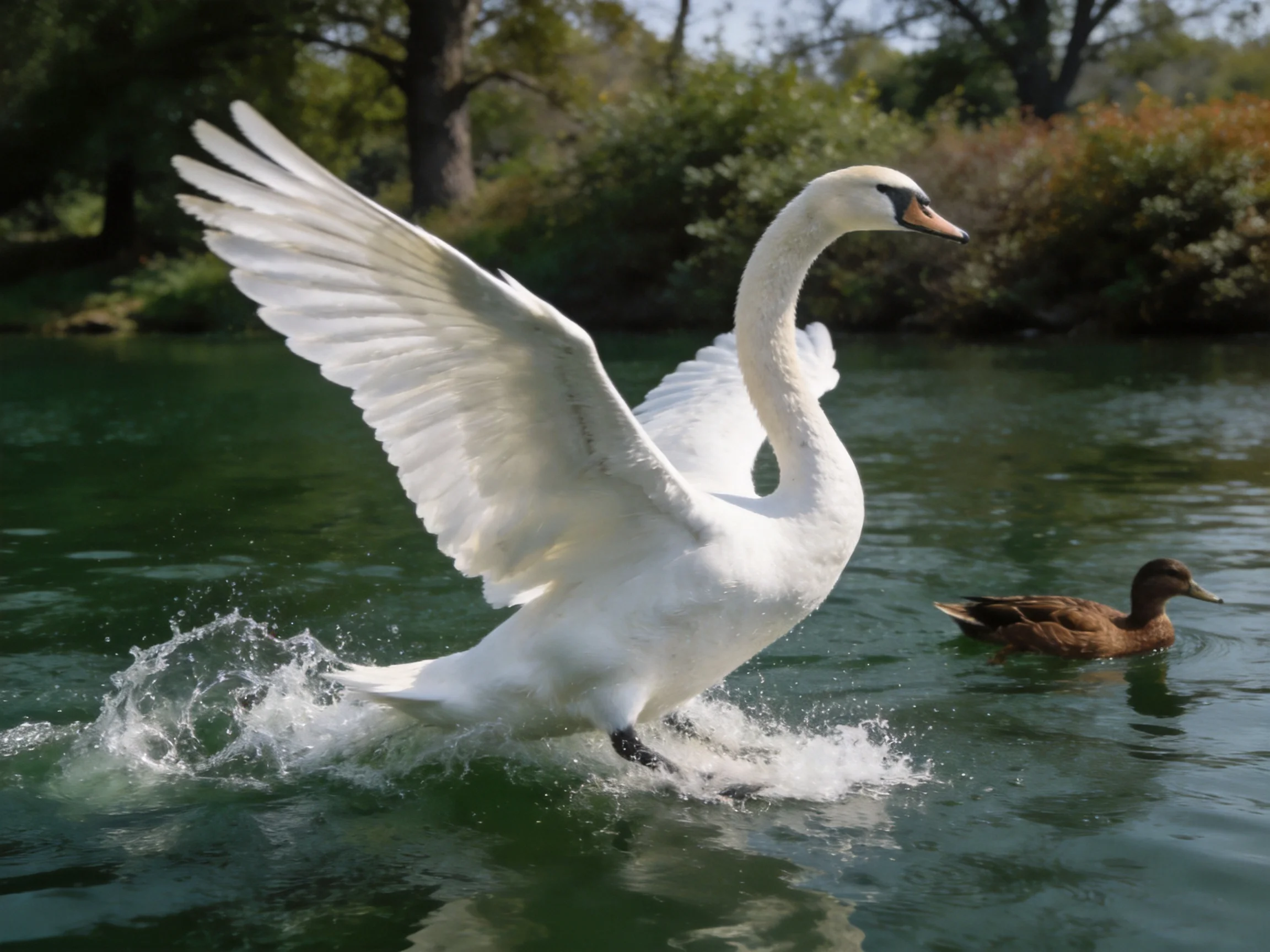White swan spreading wings over water near brown duck