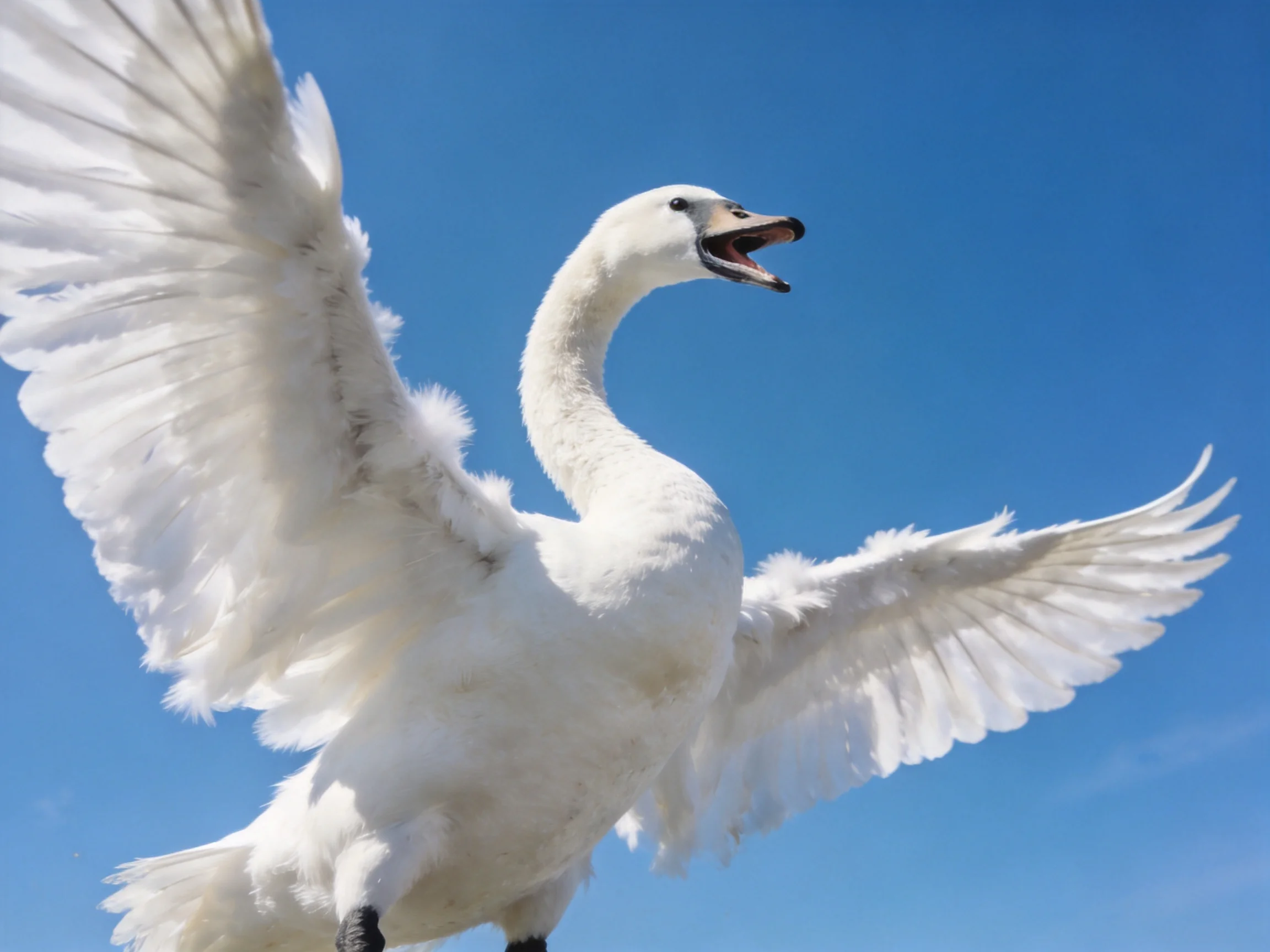 White swan spreads wings against clear blue sky