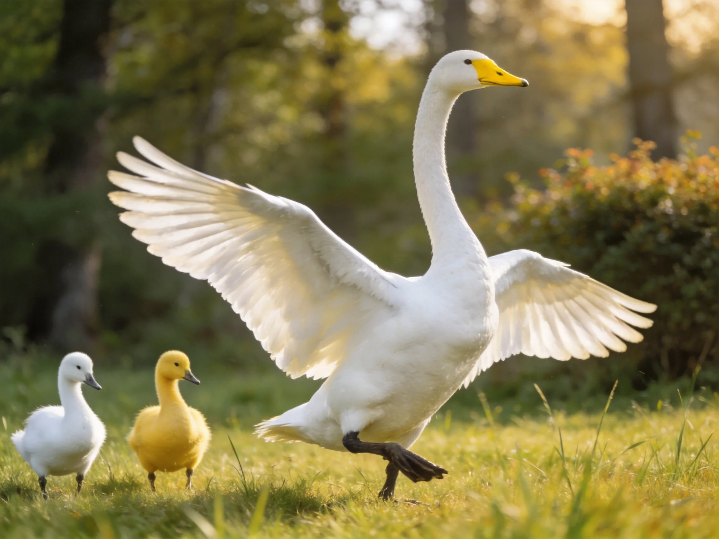 White swan spreads wings near two young birds