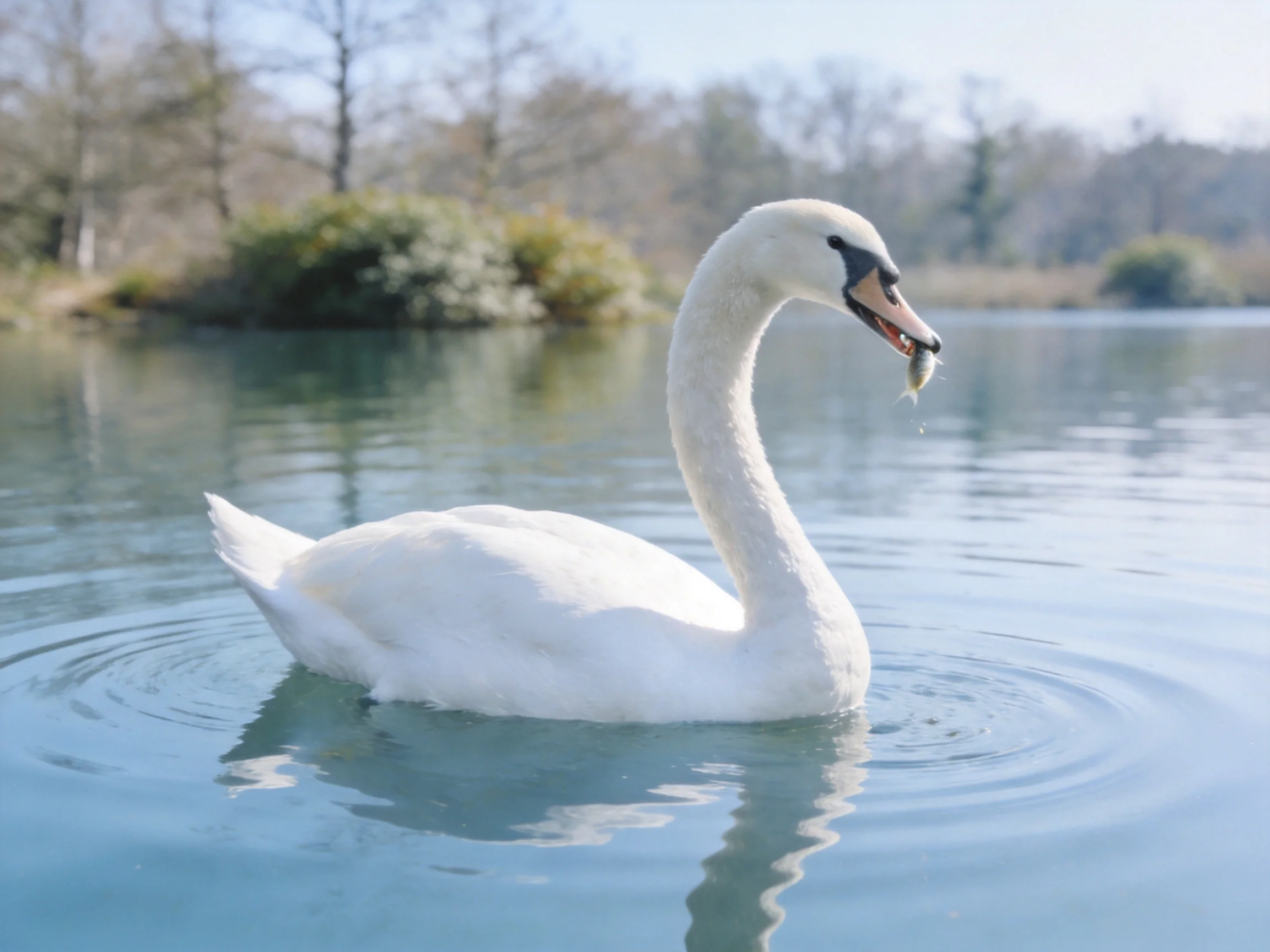 White swan swimming in calm blue water with a fish in its beak