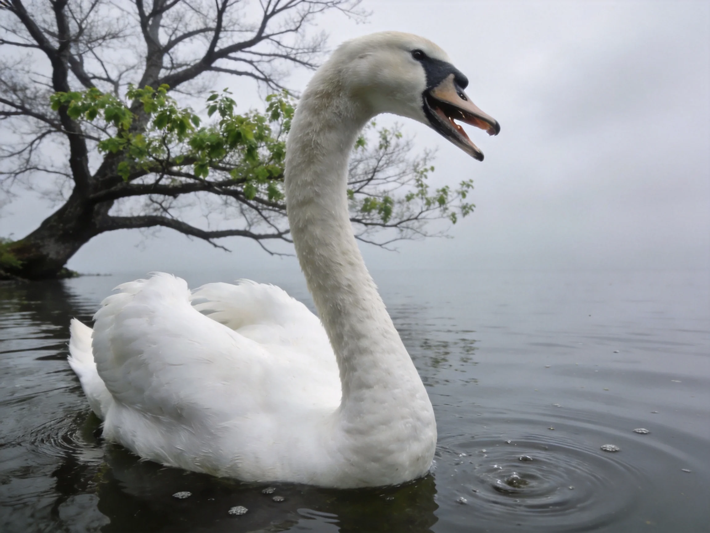 White swan swimming in calm water near a leafy tree