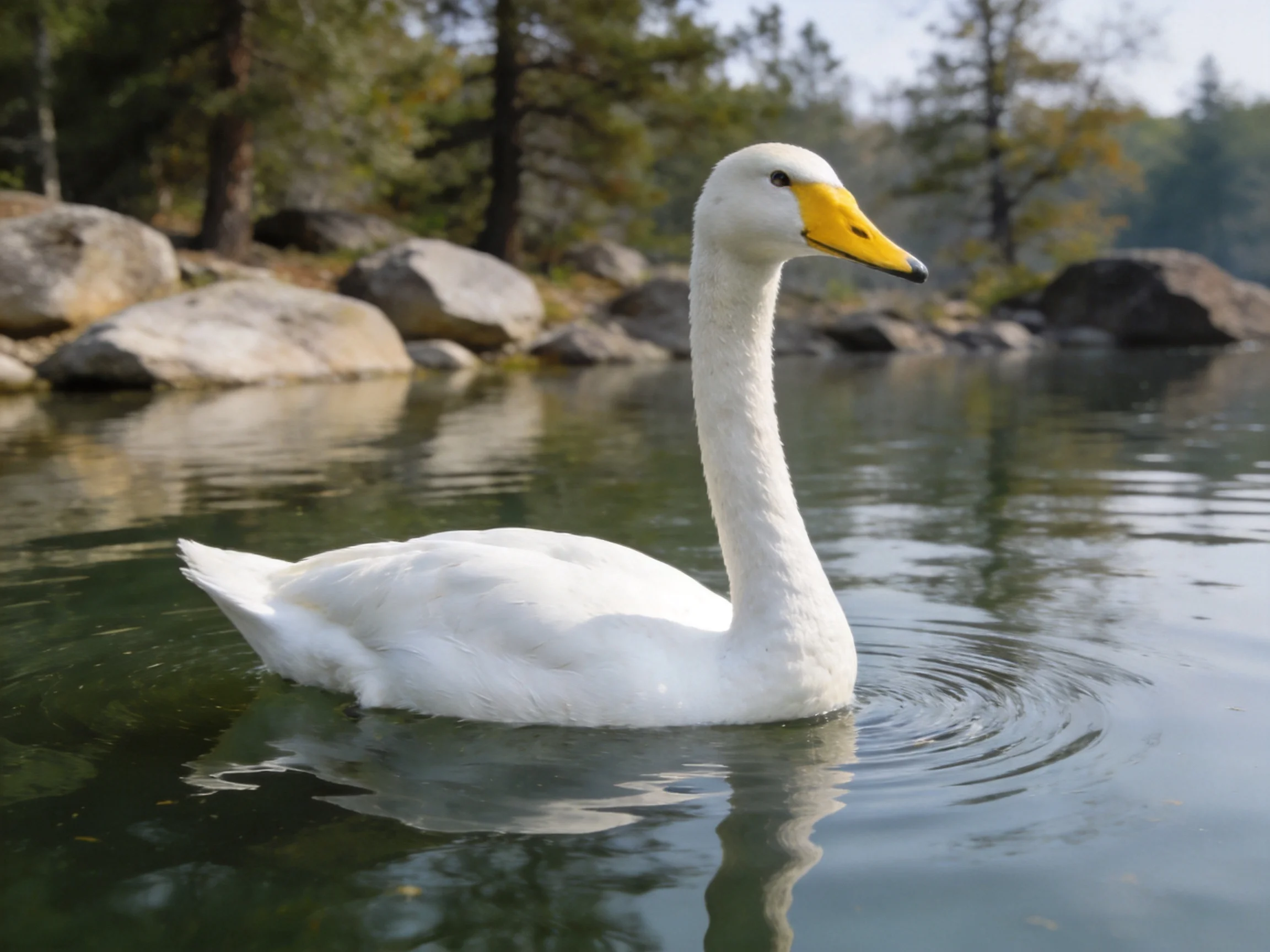 White swan swimming in calm water near rocky shore and trees