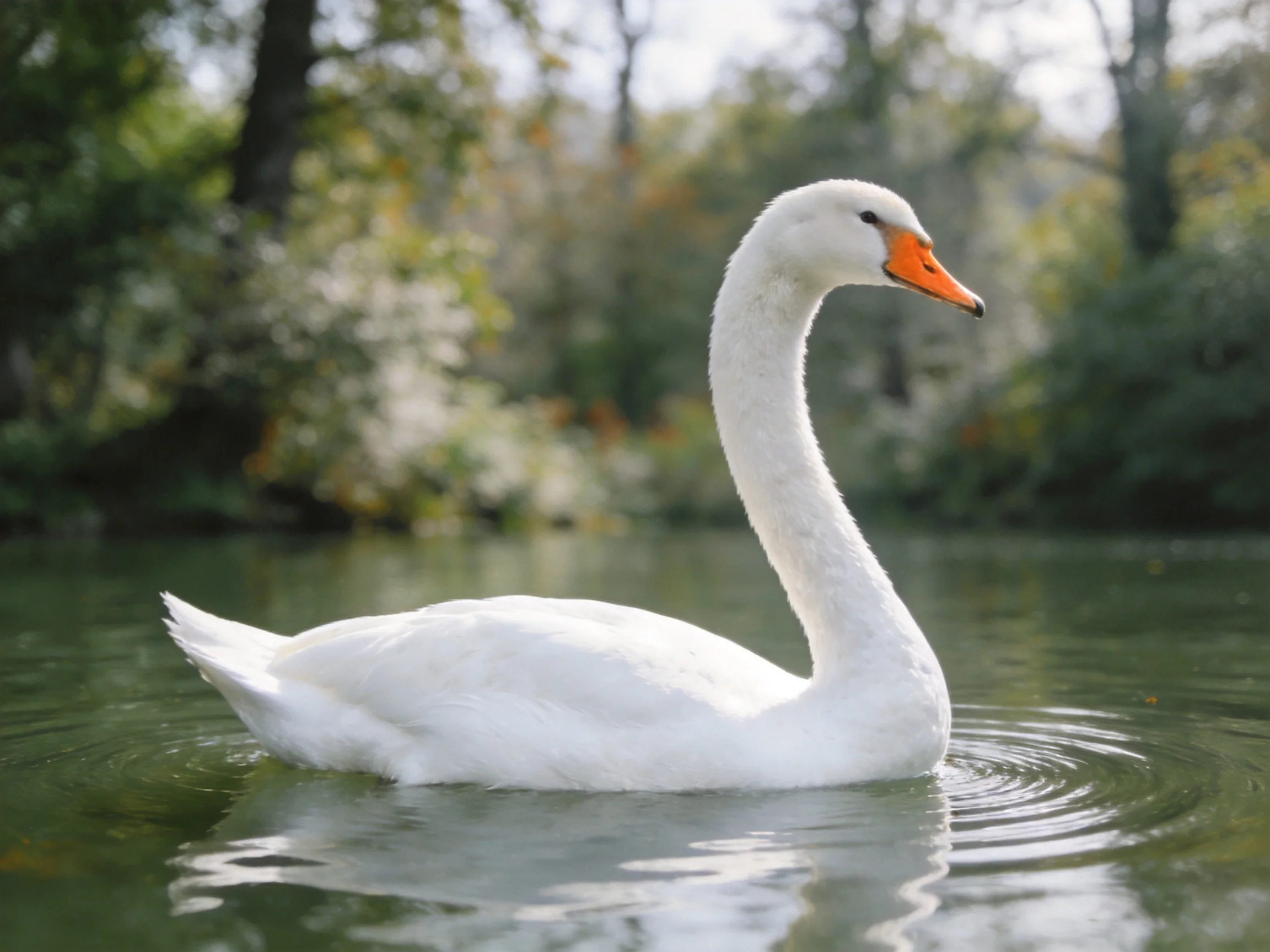 White swan swimming on calm water near green foliage