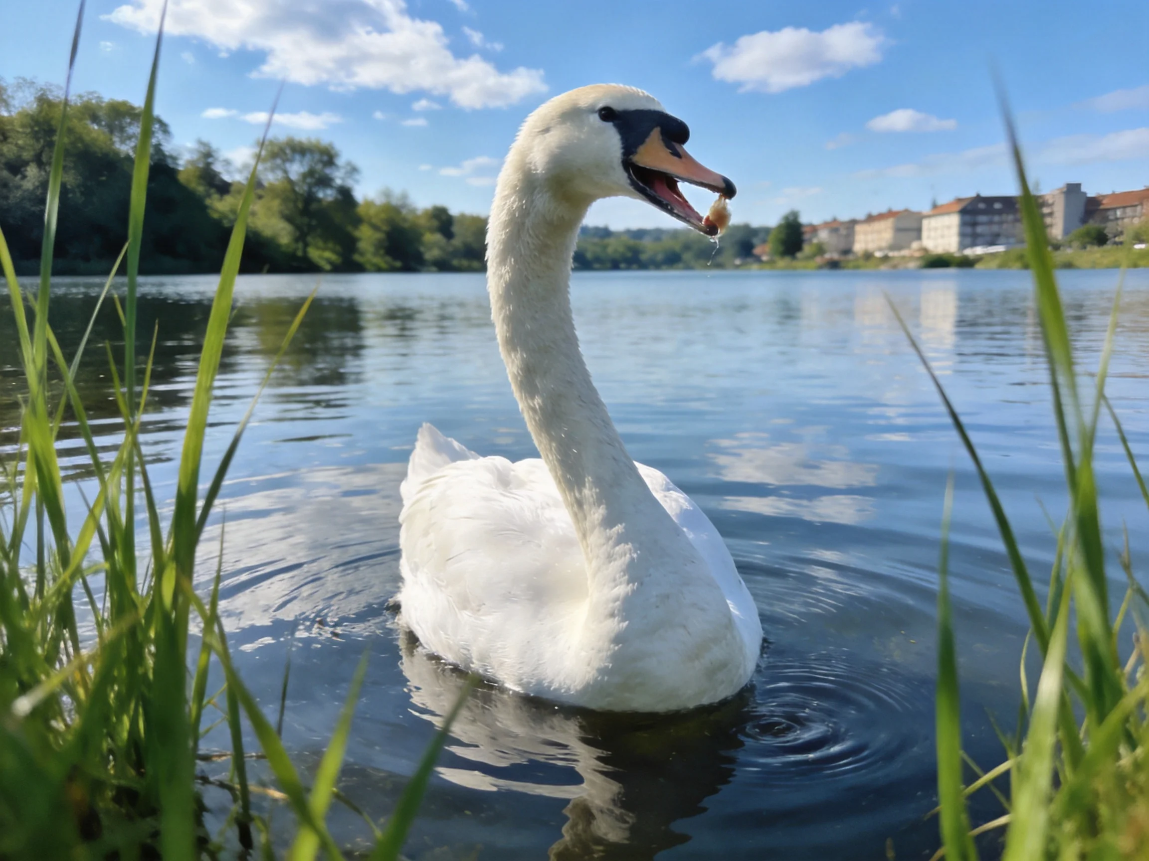 White swan swims near green reeds by a calm lake