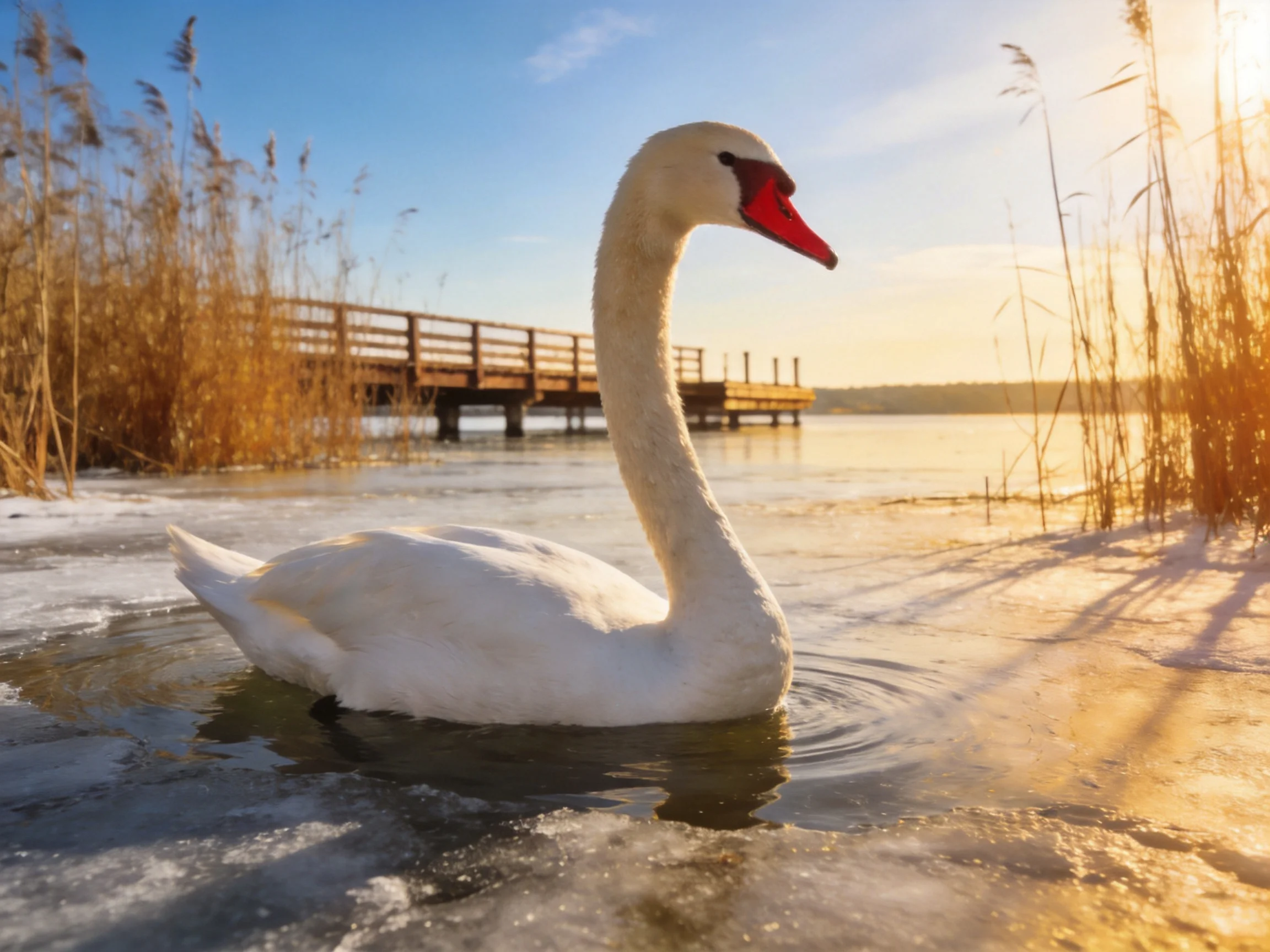 White swan swims near icy waters with wooden pier and reeds