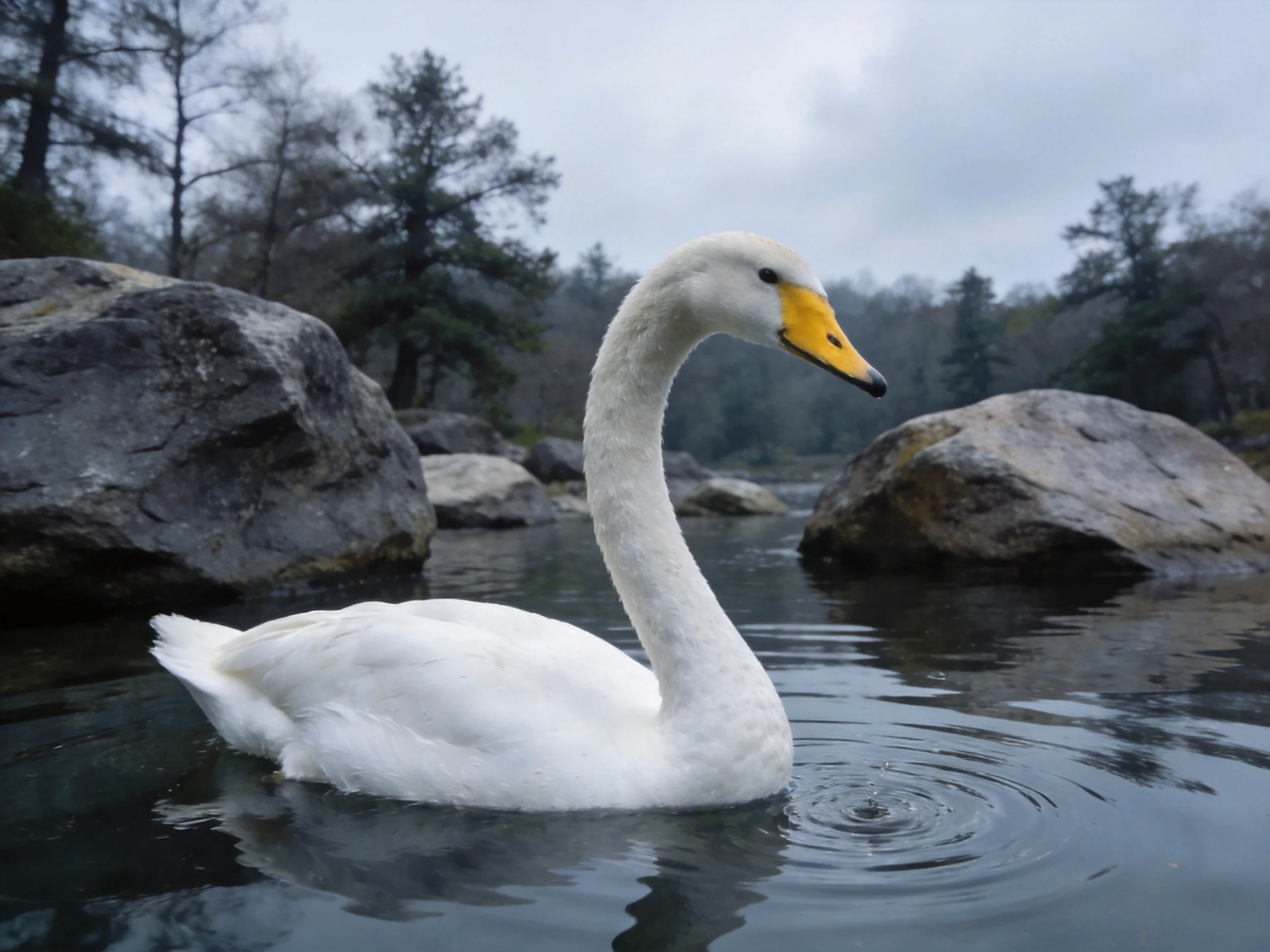 A white swan glides through calm water near large rocks and trees.