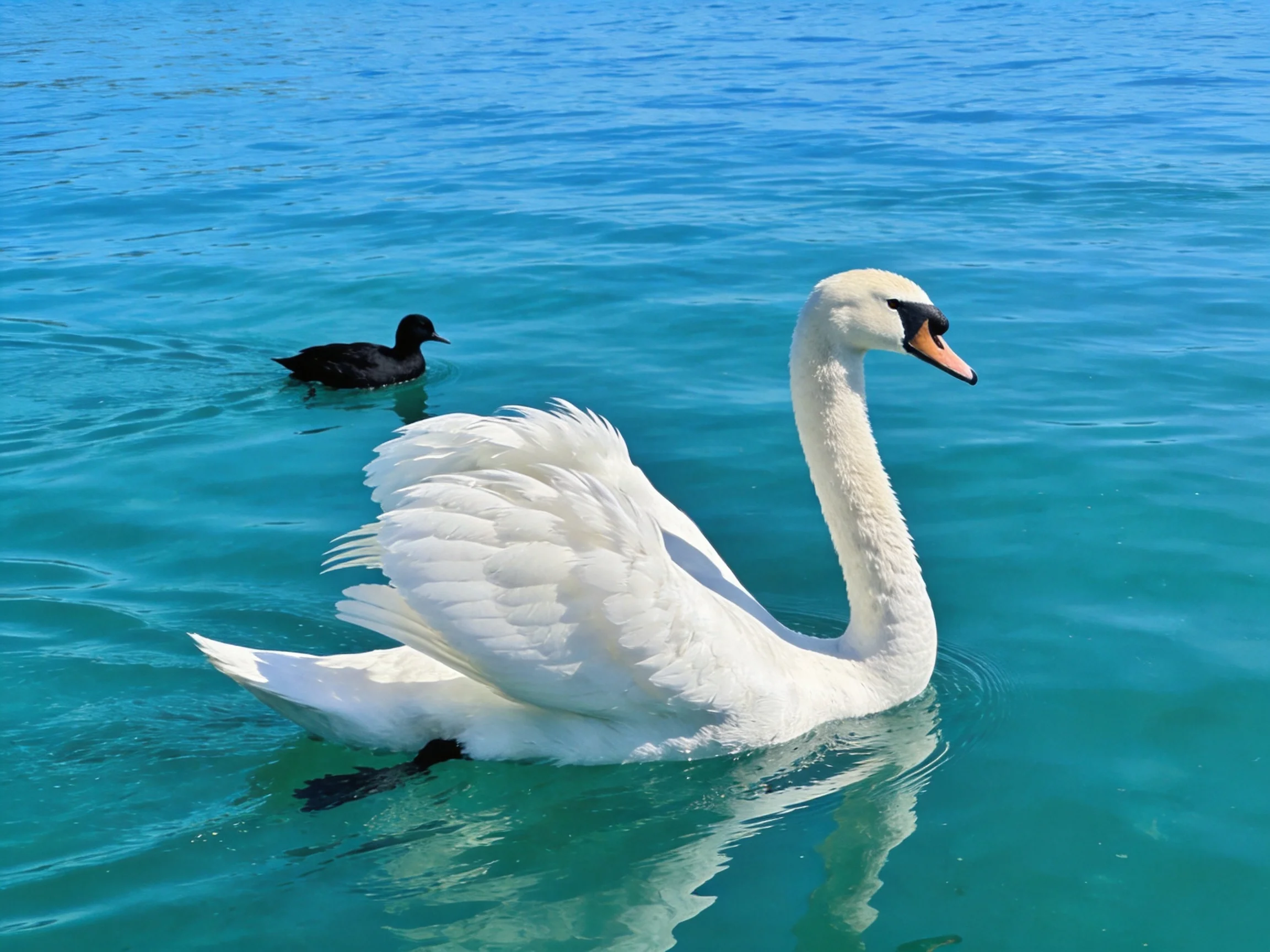 White swan swims near small black duck in clear blue water