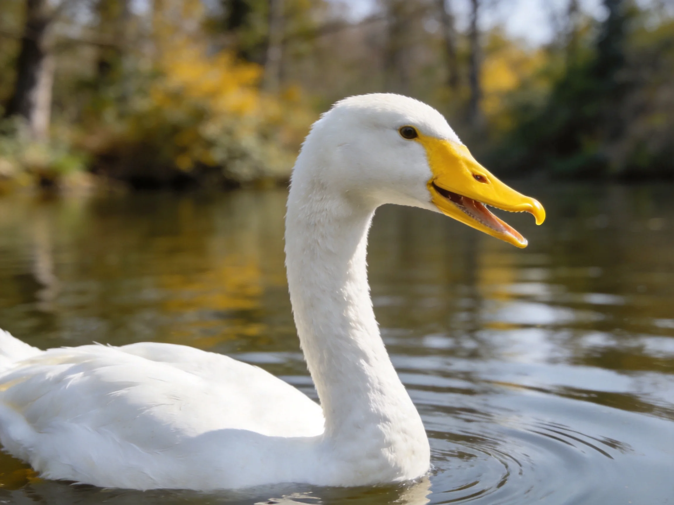 A white swan with a yellow beak floats peacefully on still water amid trees.