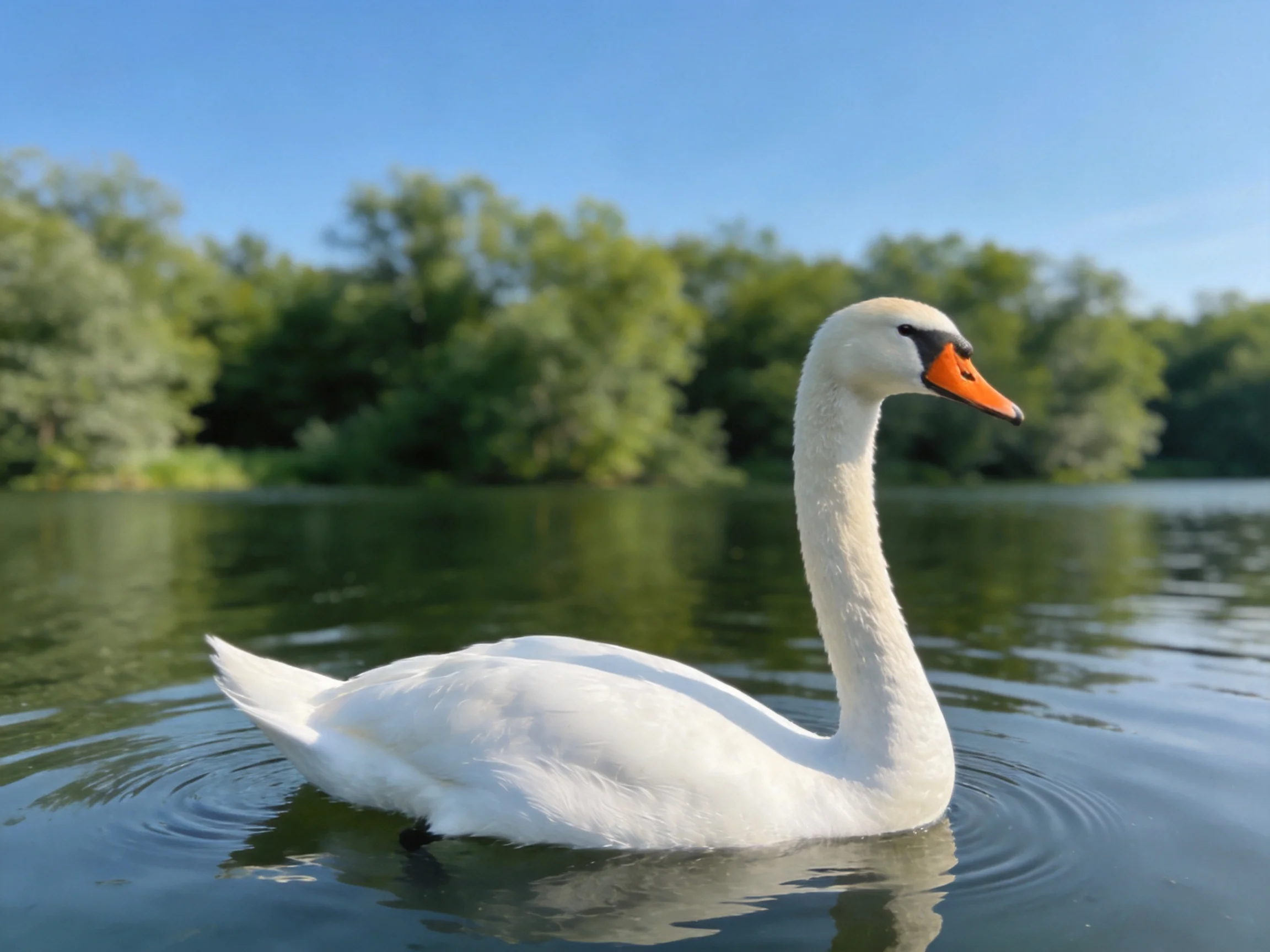 A white swan floats serenely on calm water with greenery in the background.