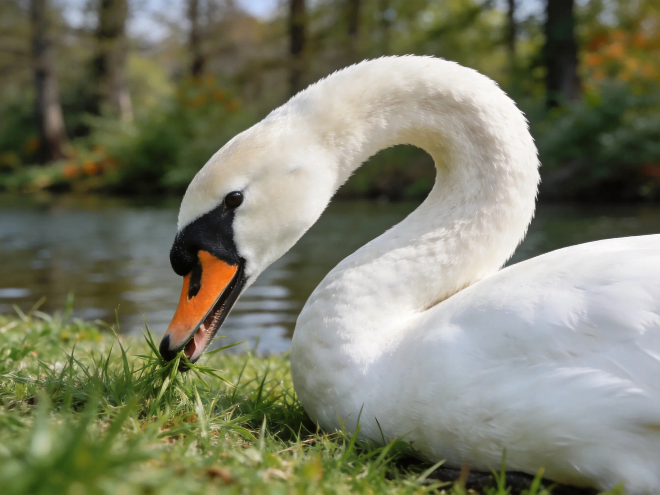 White swan with orange beak grazing by a calm waterside