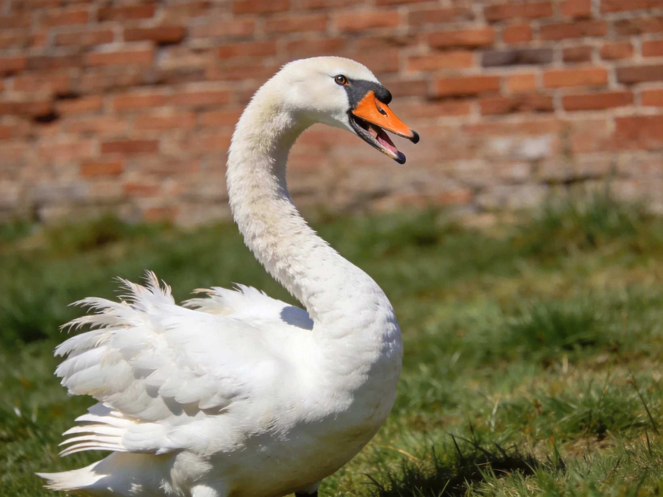 A white swan stands on green grass beside a weathered brick wall.