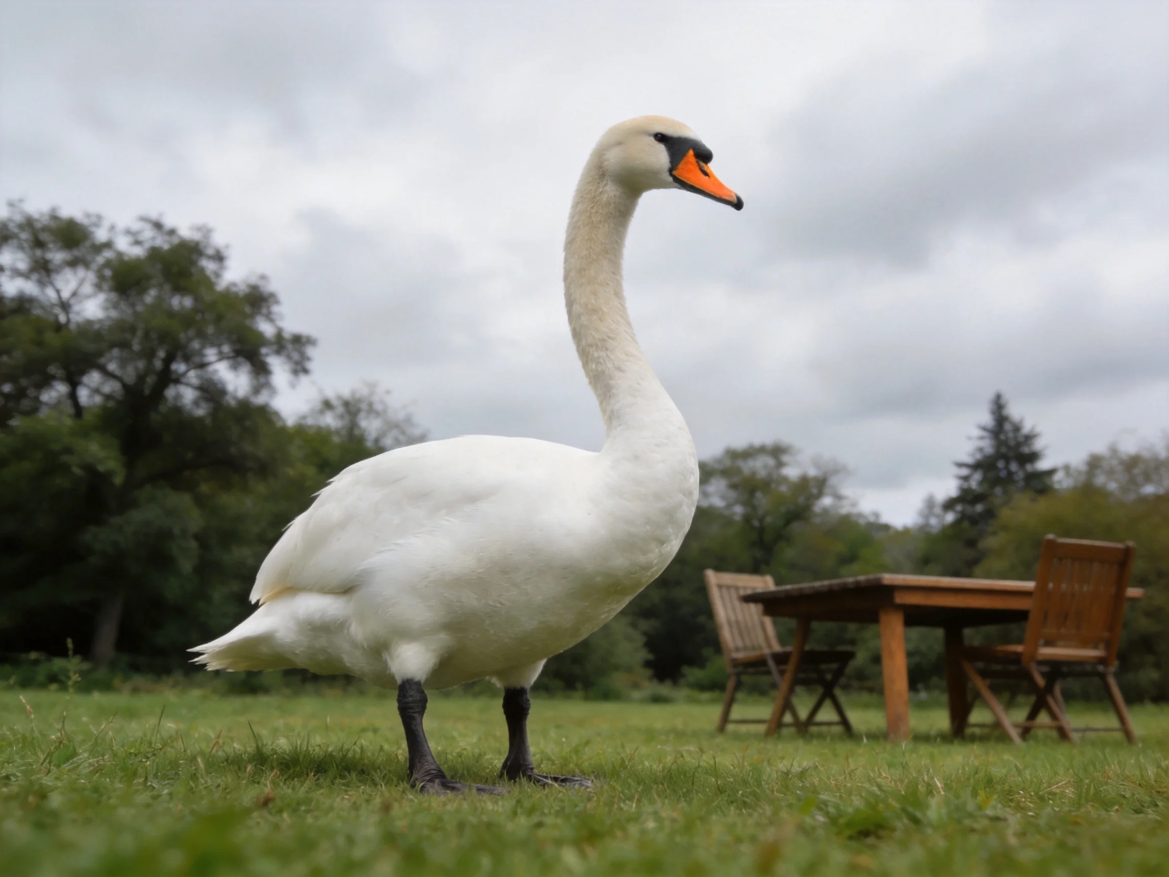 A white swan stands on grass beside wooden outdoor furniture.