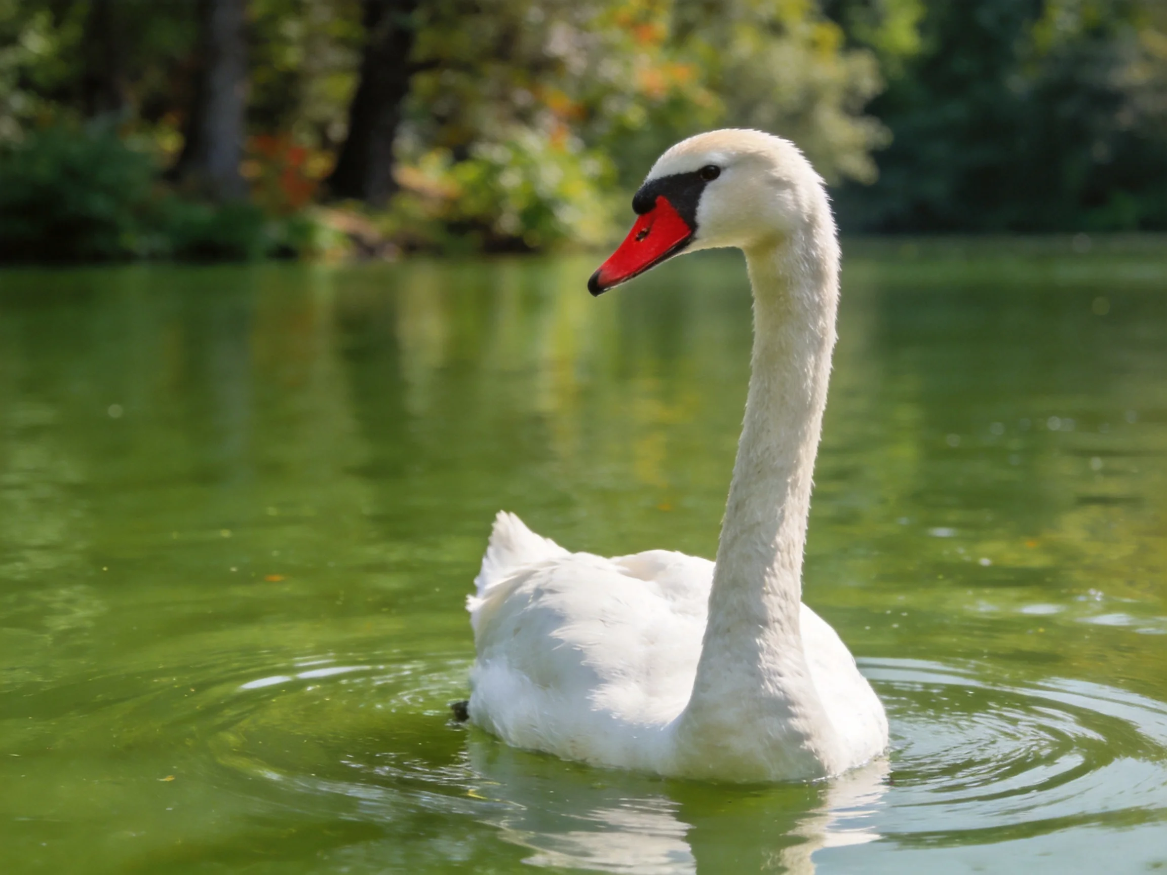 White swan with red beak glides on green pond surface
