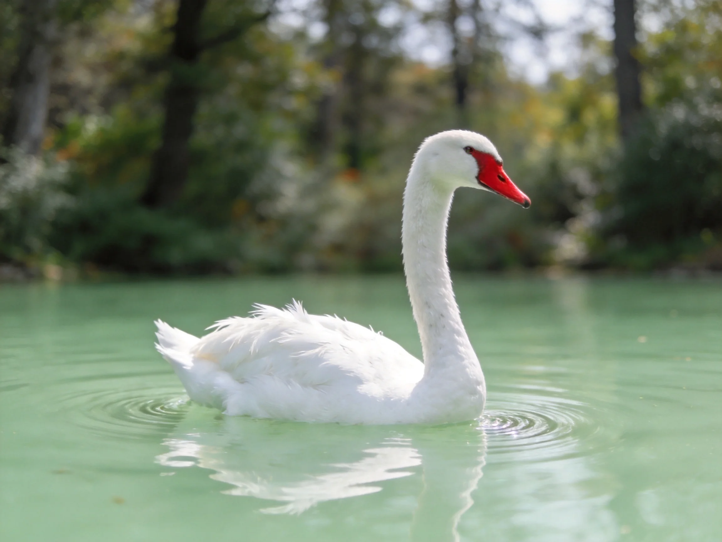 White swan with red beak swimming in calm green water near trees