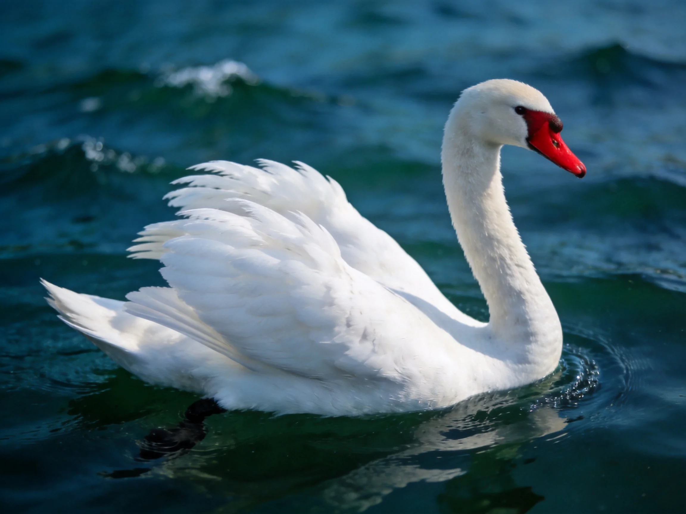 White swan with red beak swimming in deep blue water
