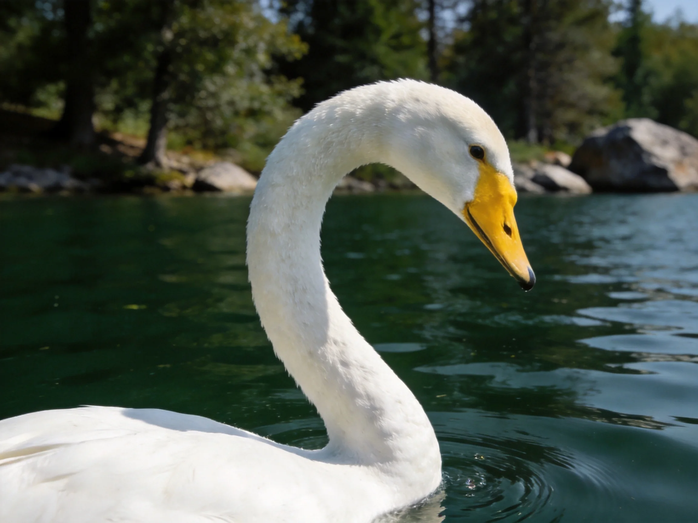 White swan with yellow beak gliding on calm water by rocky shore