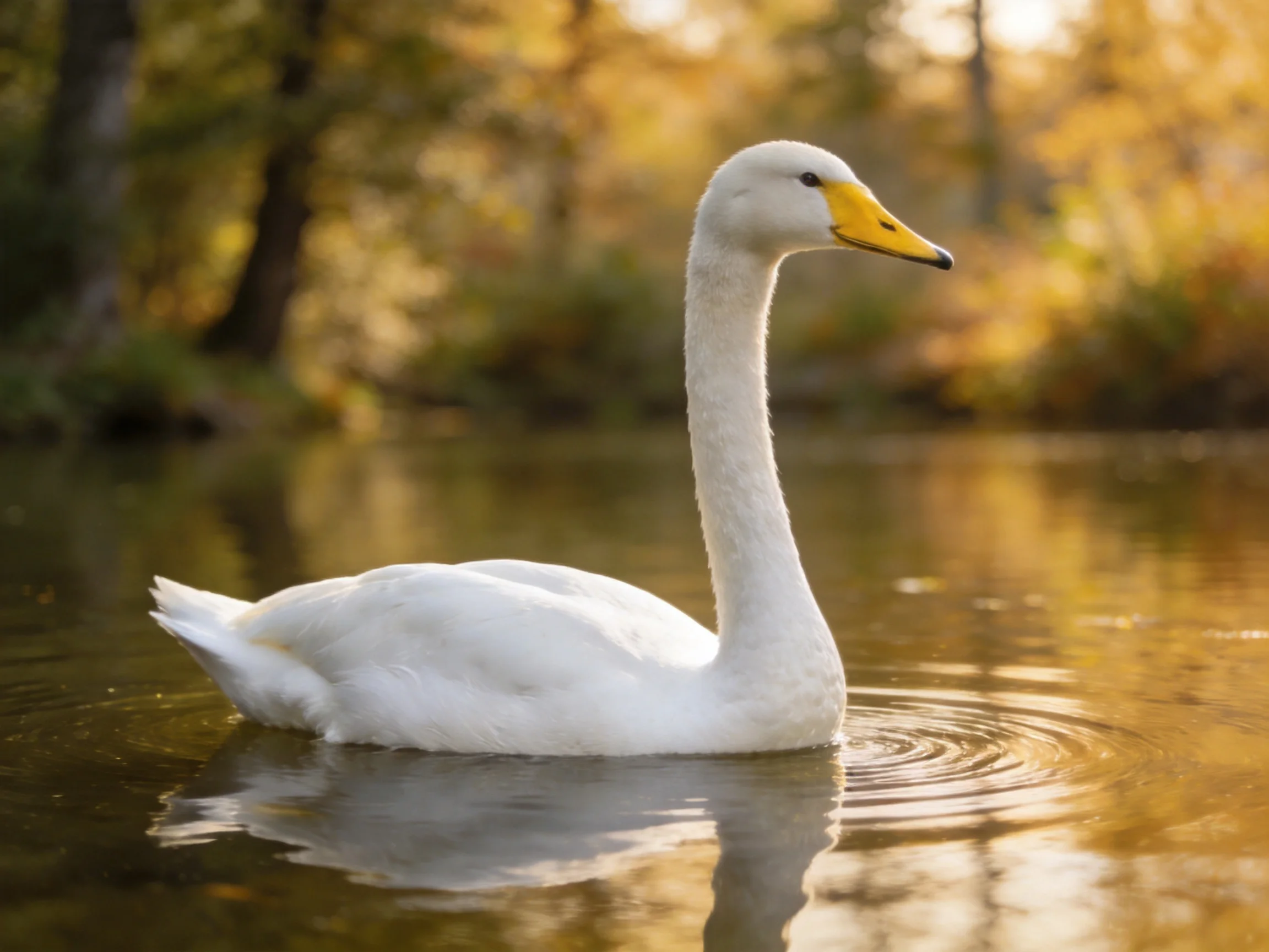 White swan with yellow beak gliding on calm water near golden autumn trees