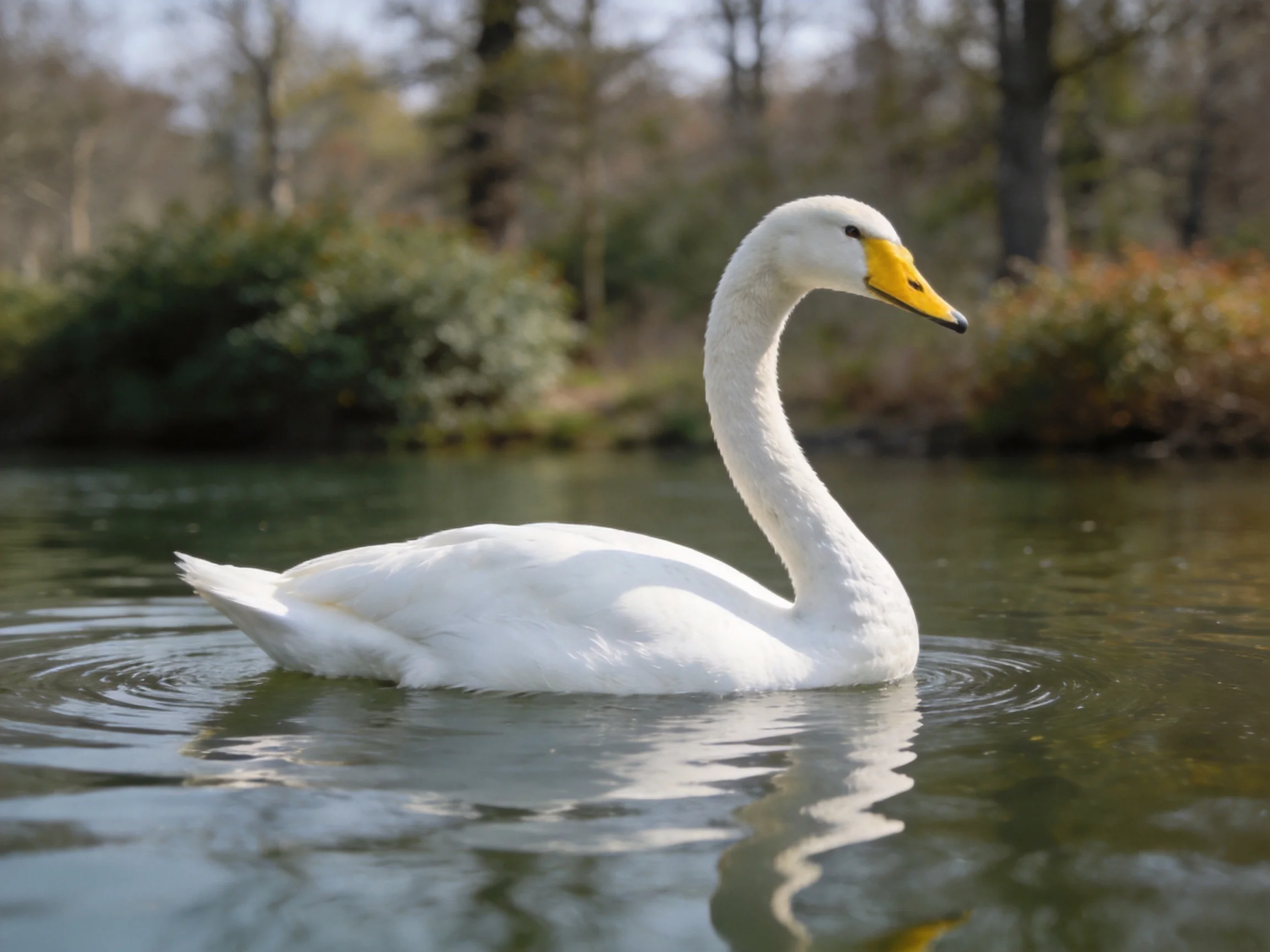 A white swan with a yellow beak floats serenely in calm water near greenery.