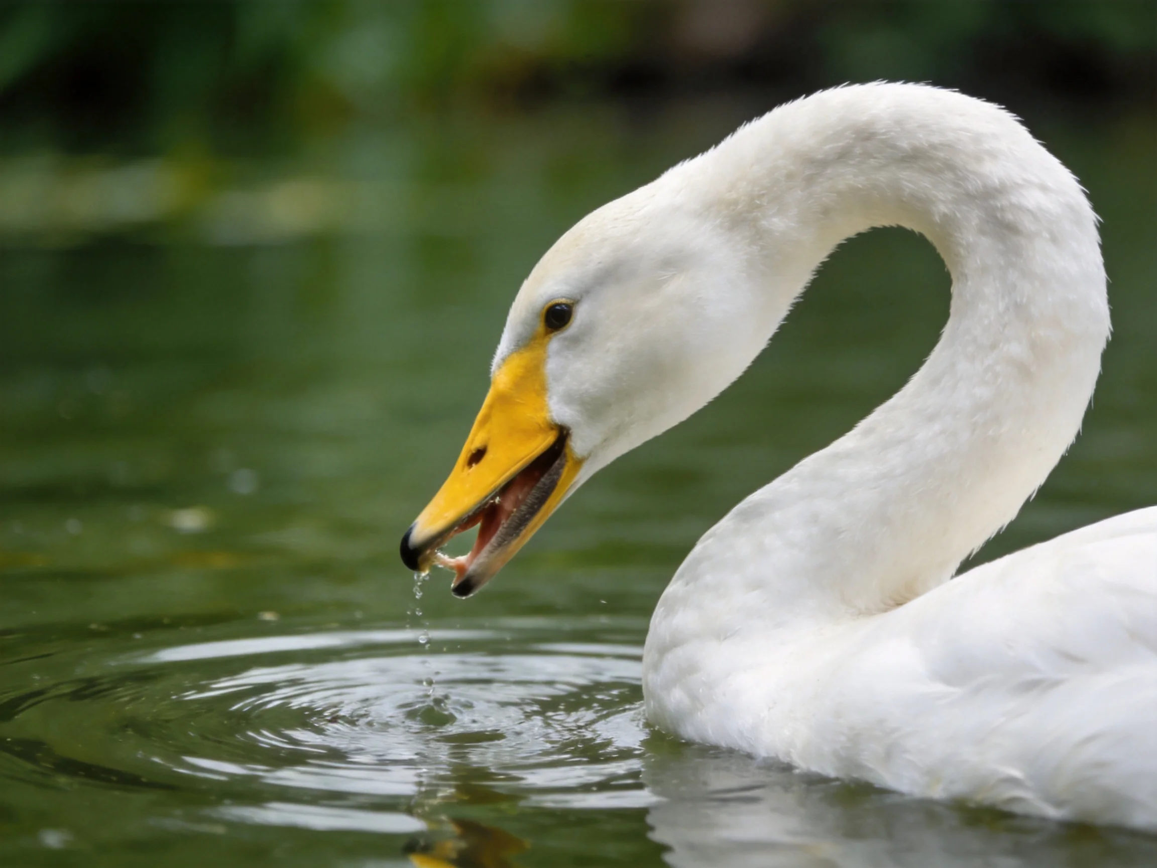 A white swan swims in calm water, displaying its yellow beak.