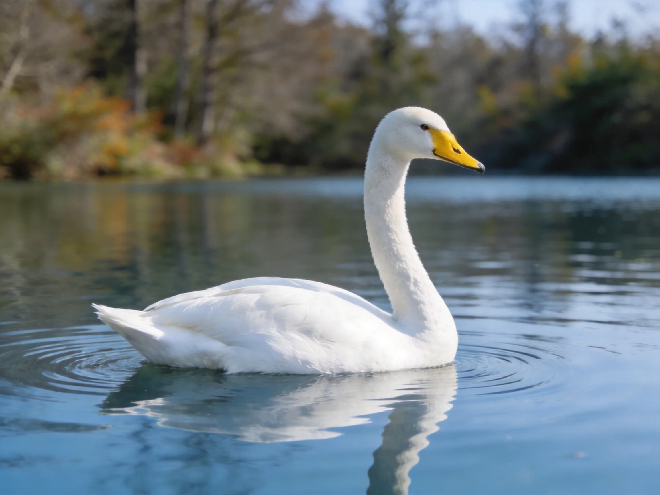 White swan with yellow beak swimming on calm blue water