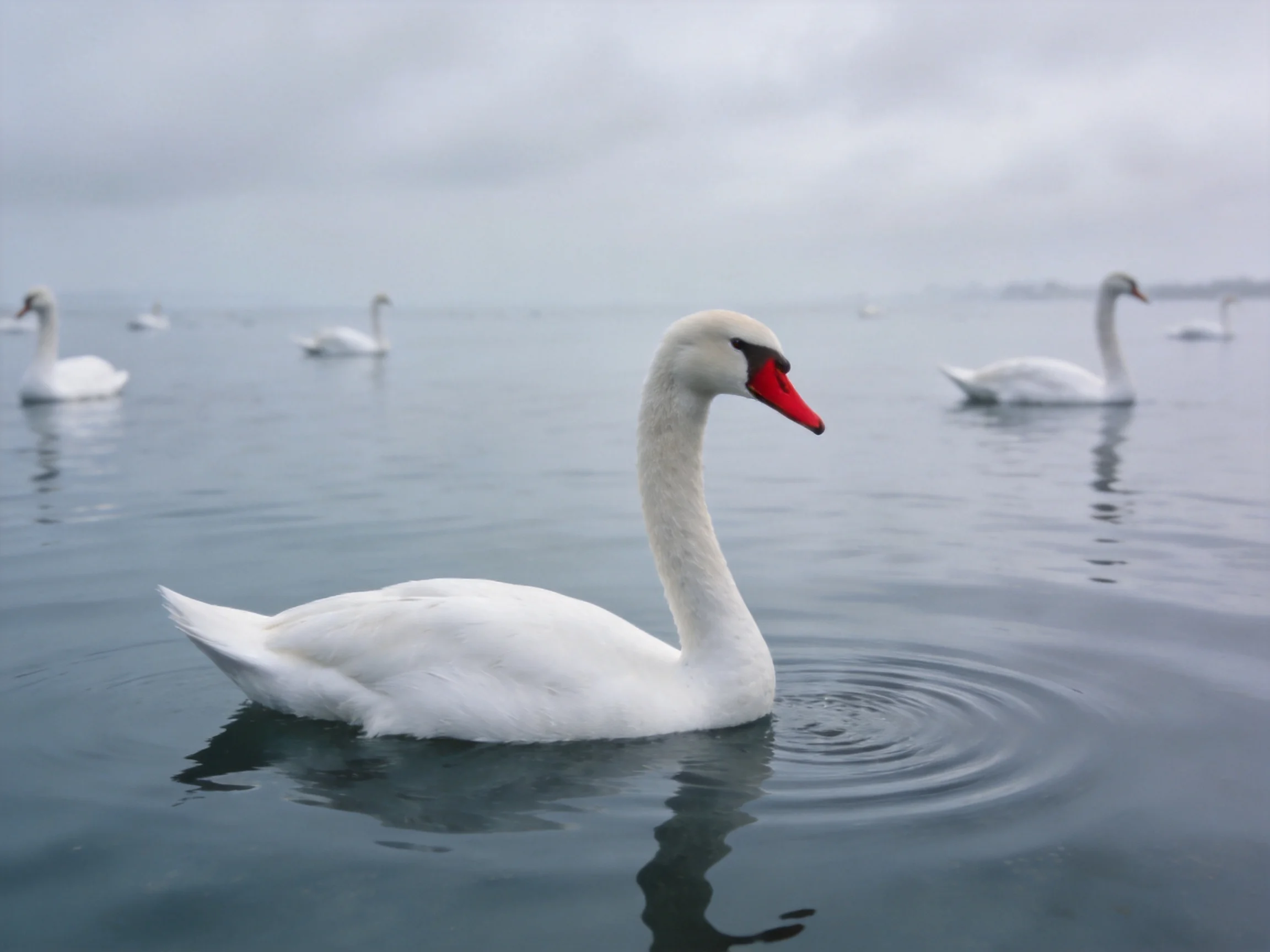 White swans glide across calm waters amid misty skies