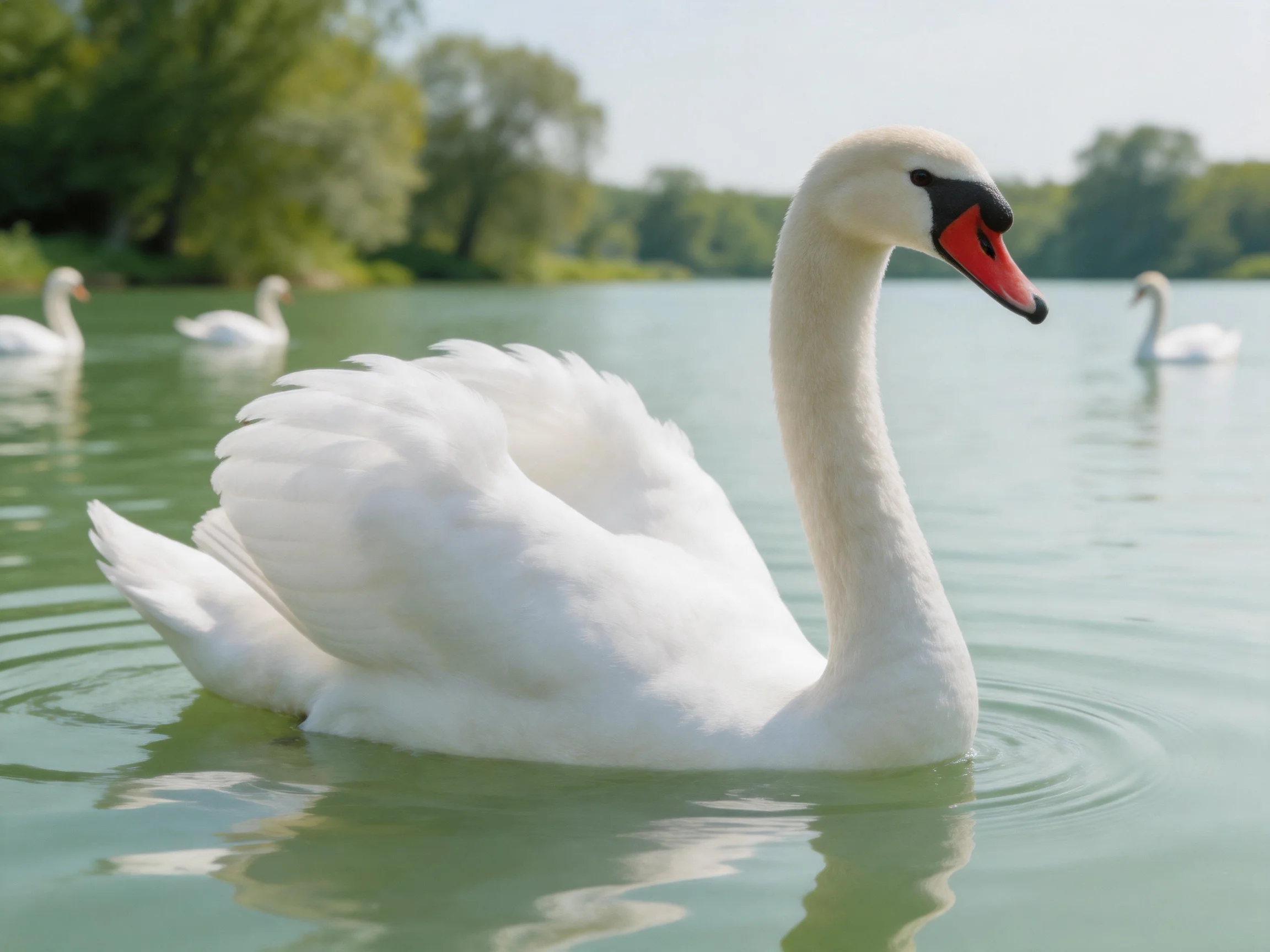 White swans glide on calm water near green trees