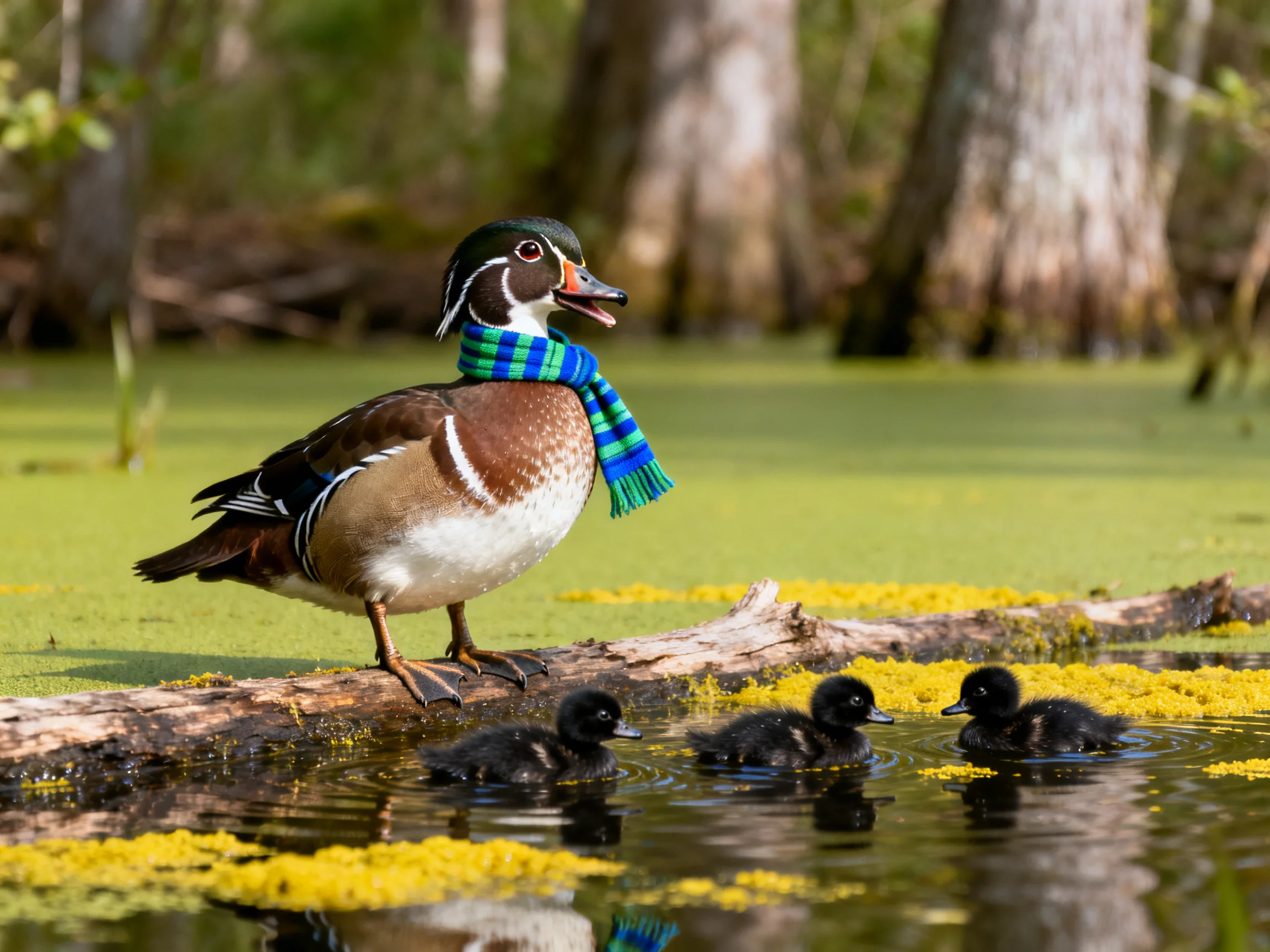 Wood duck with blue-green scarf on log near three ducklings