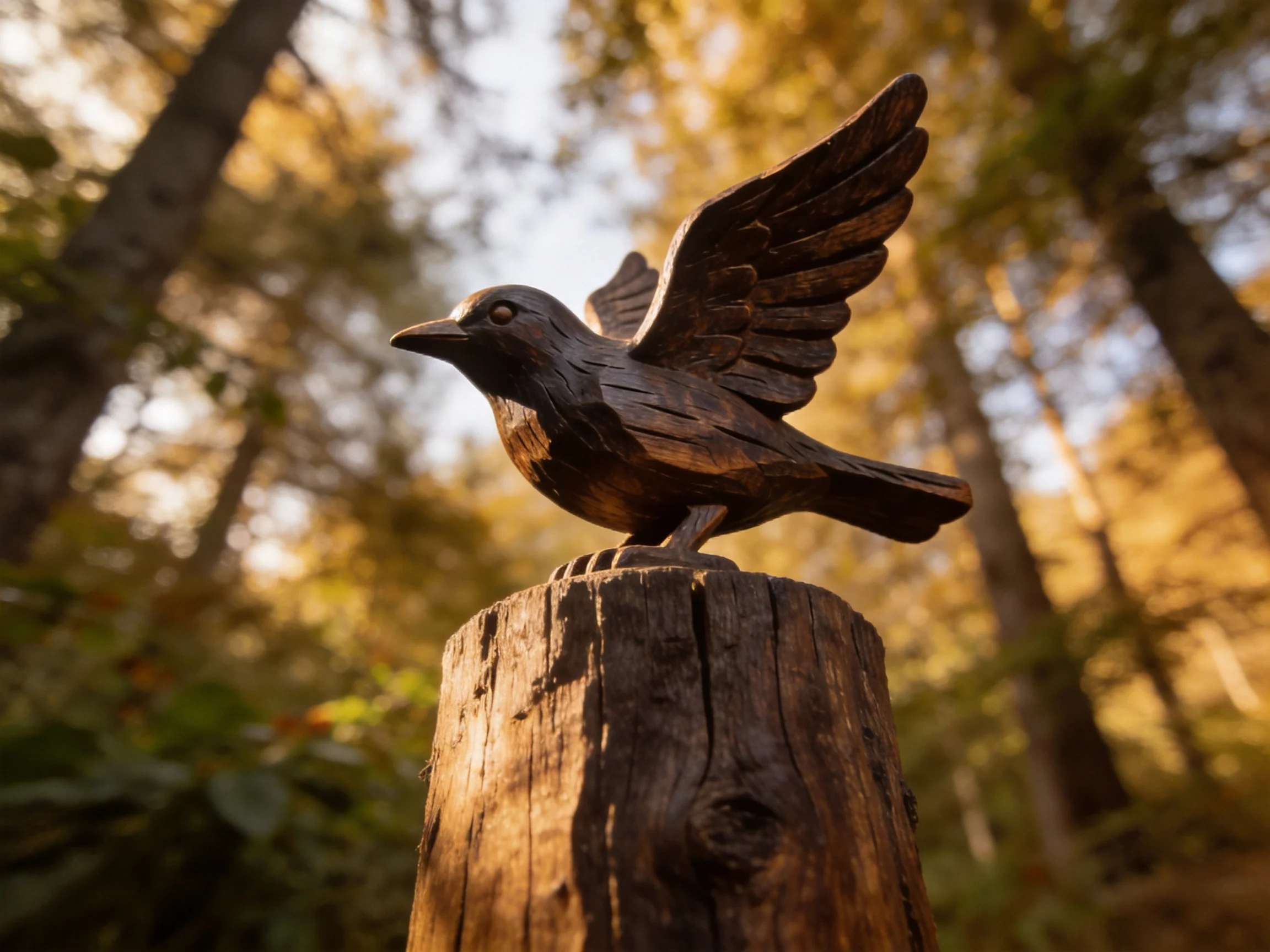 Wooden bird sculpture perched on weathered tree stump in sun-dappled forest