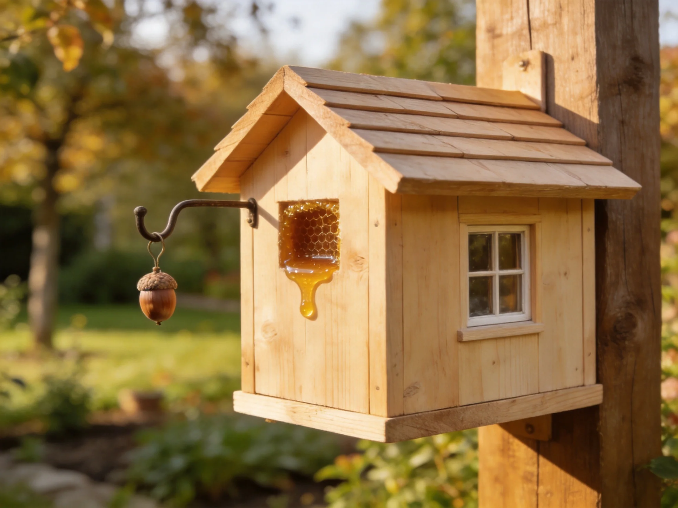 Wooden birdhouse with dripping honey and acorn in sunny garden