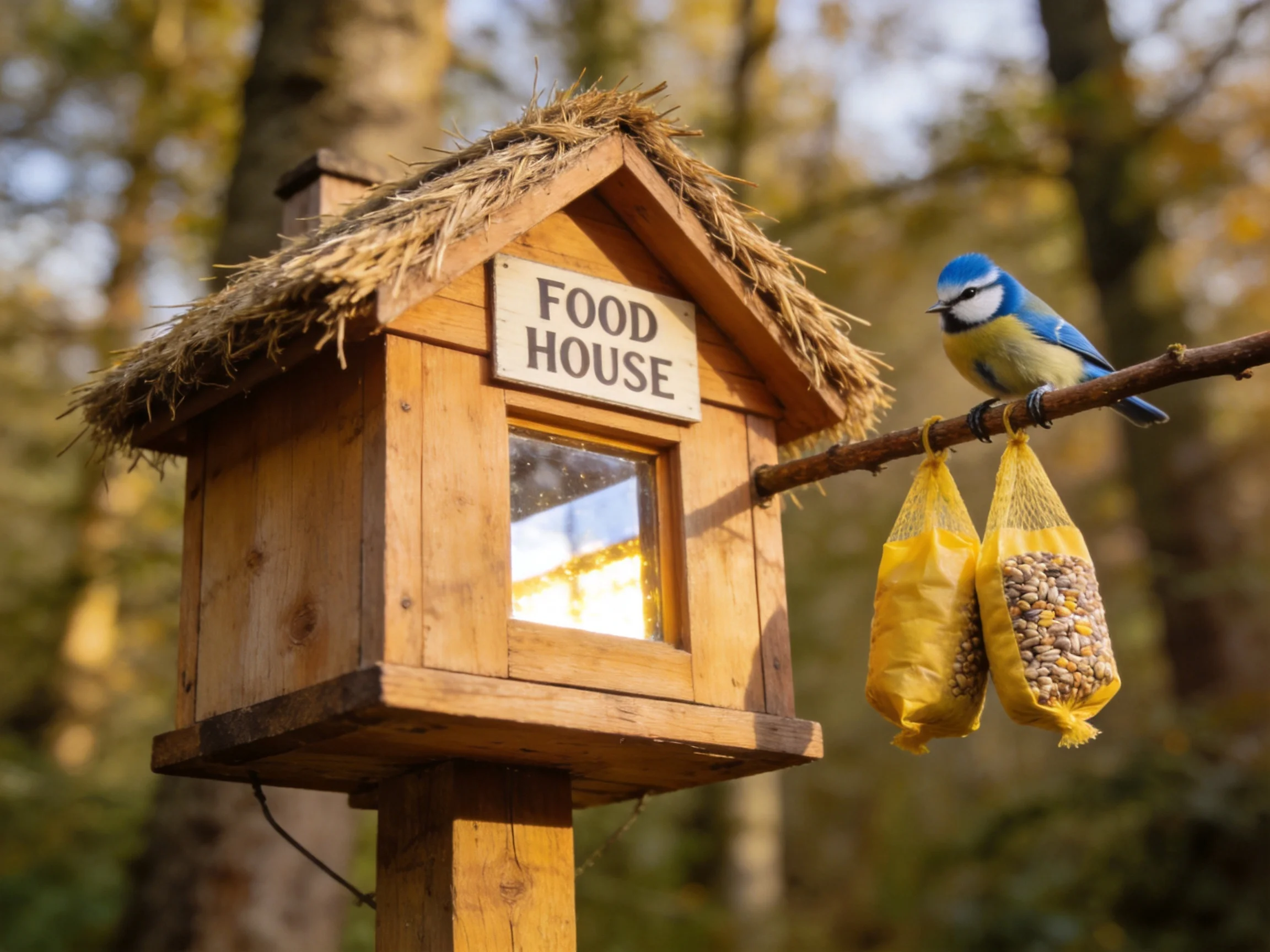 Wooden food house with blue bird and yellow seed bags