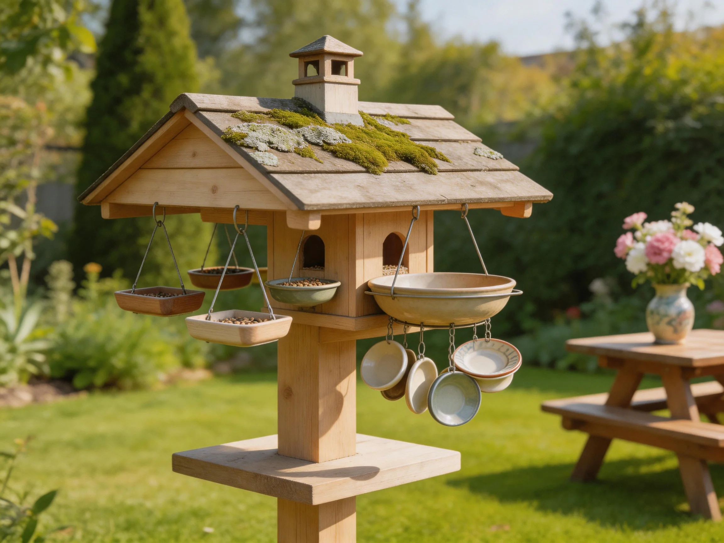 A wooden multi-feeder birdhouse stands in a sunlit garden near a picnic table.