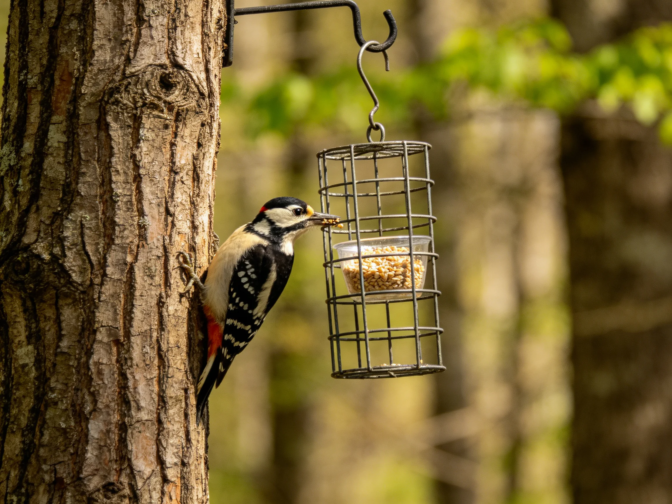 Woodpecker clinging to tree near metal bird feeder