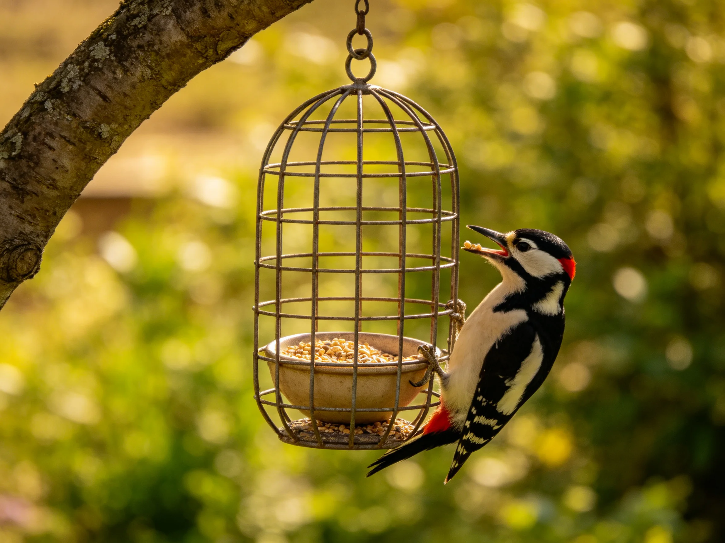 Woodpecker feeding from a metal cage bird feeder