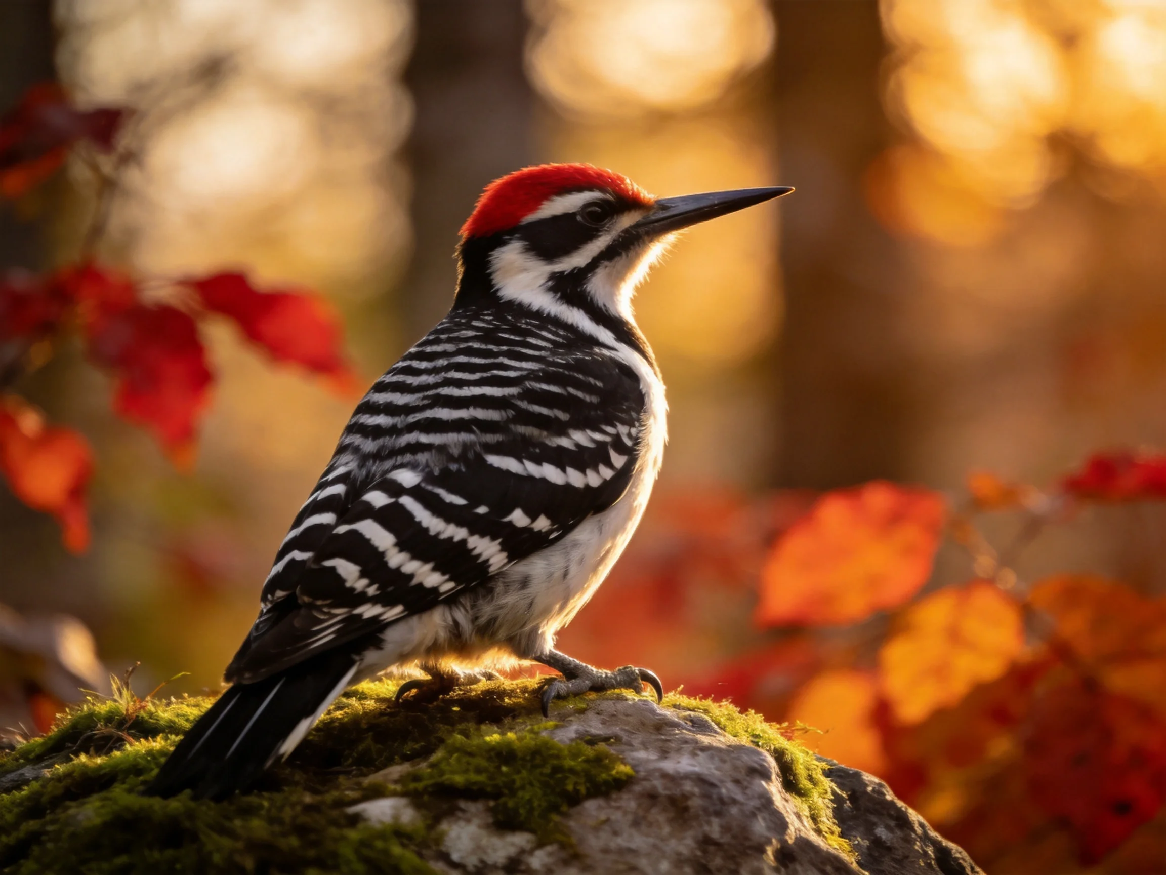 Woodpecker with red crest perched on mossy rock amid autumn foliage