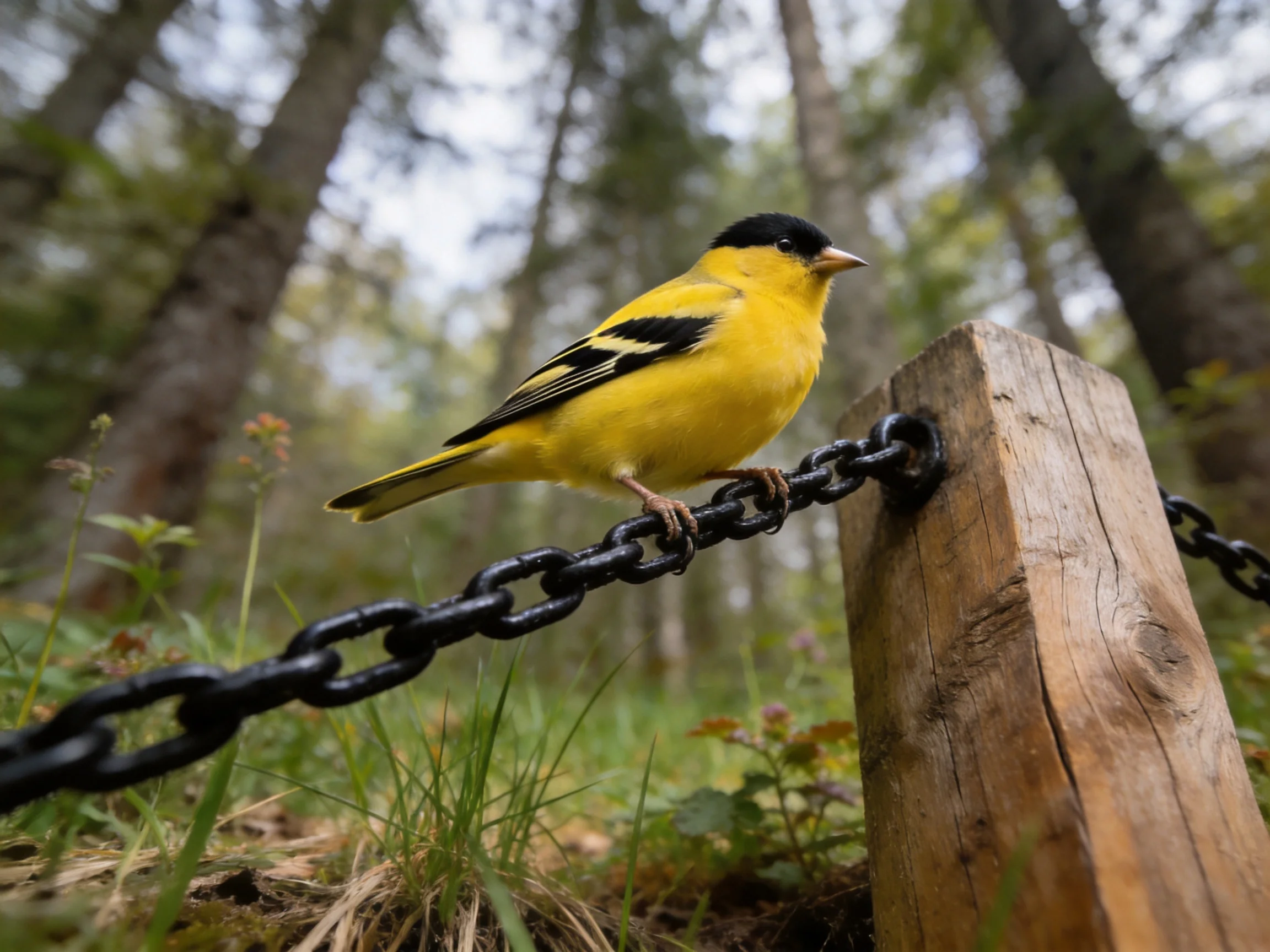 Yellow and black bird perched on a black chain near a wooden post in a forest