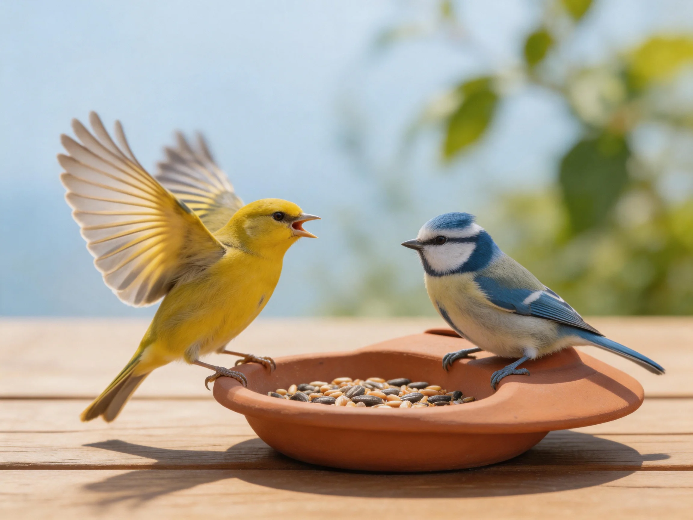 Yellow and blue birds interact at a terracotta bird feeder
