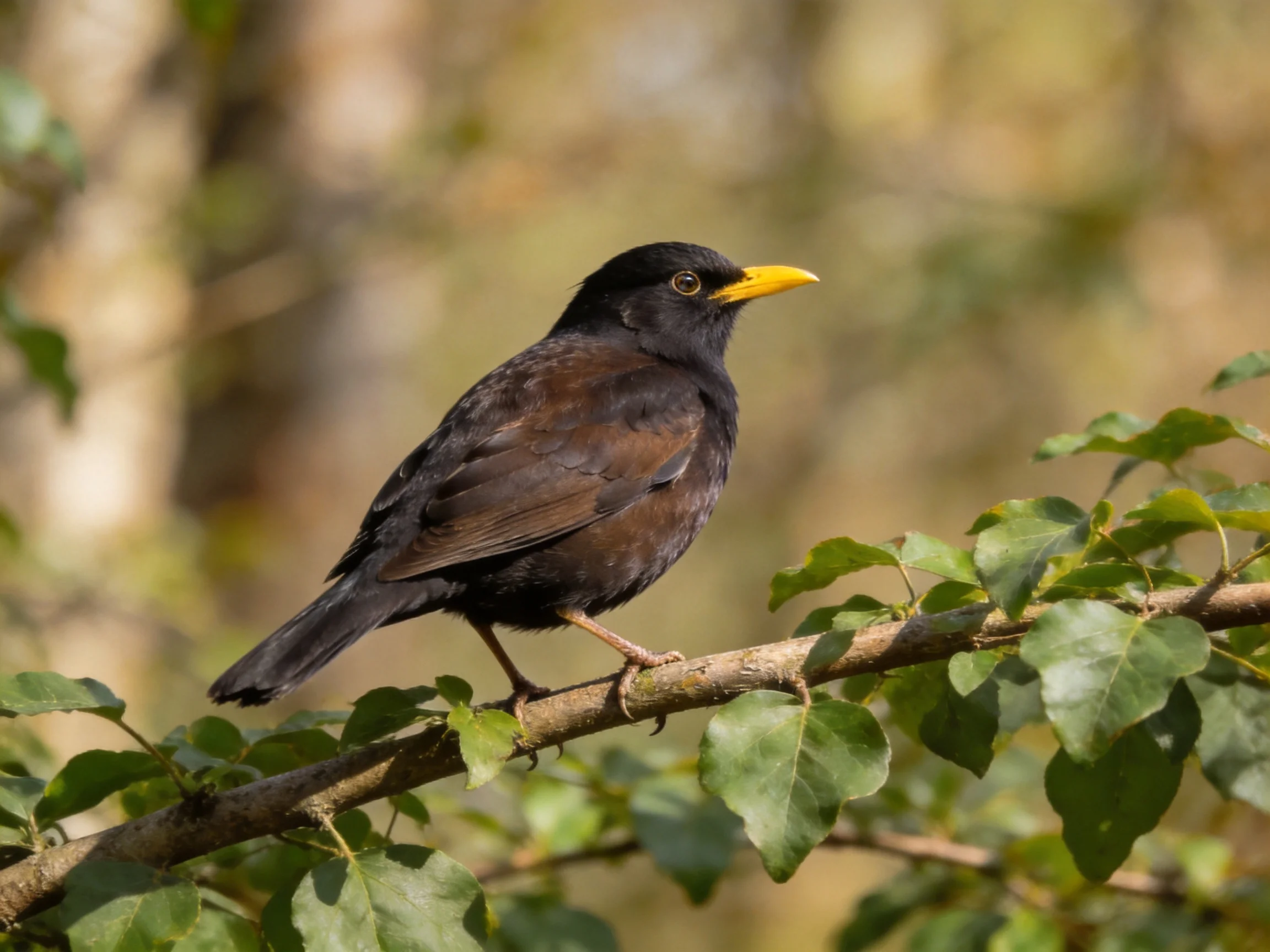 Yellow-beaked black-brown bird on leafy branch