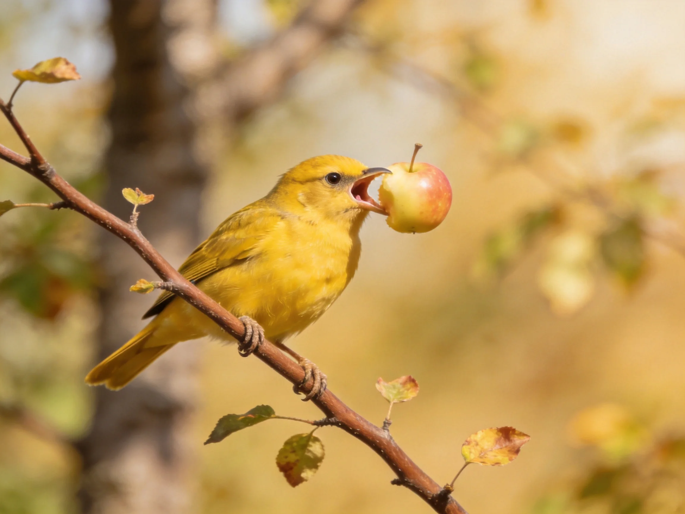 Yellow bird perched on branch with red apple