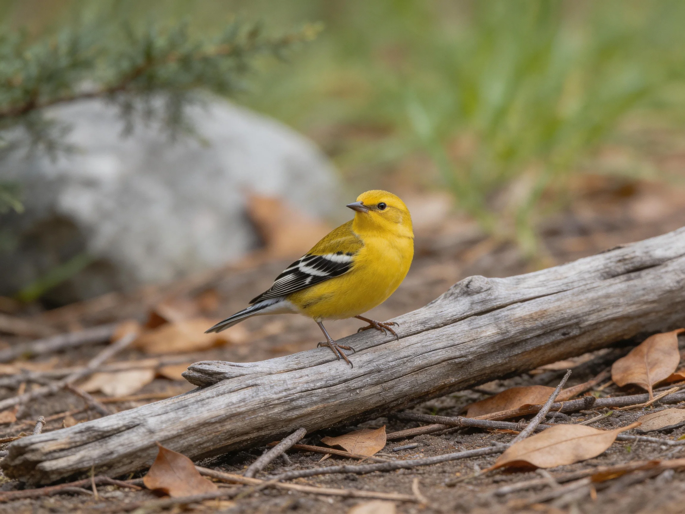 Yellow bird with black and white wings perches on weathered log near rocks