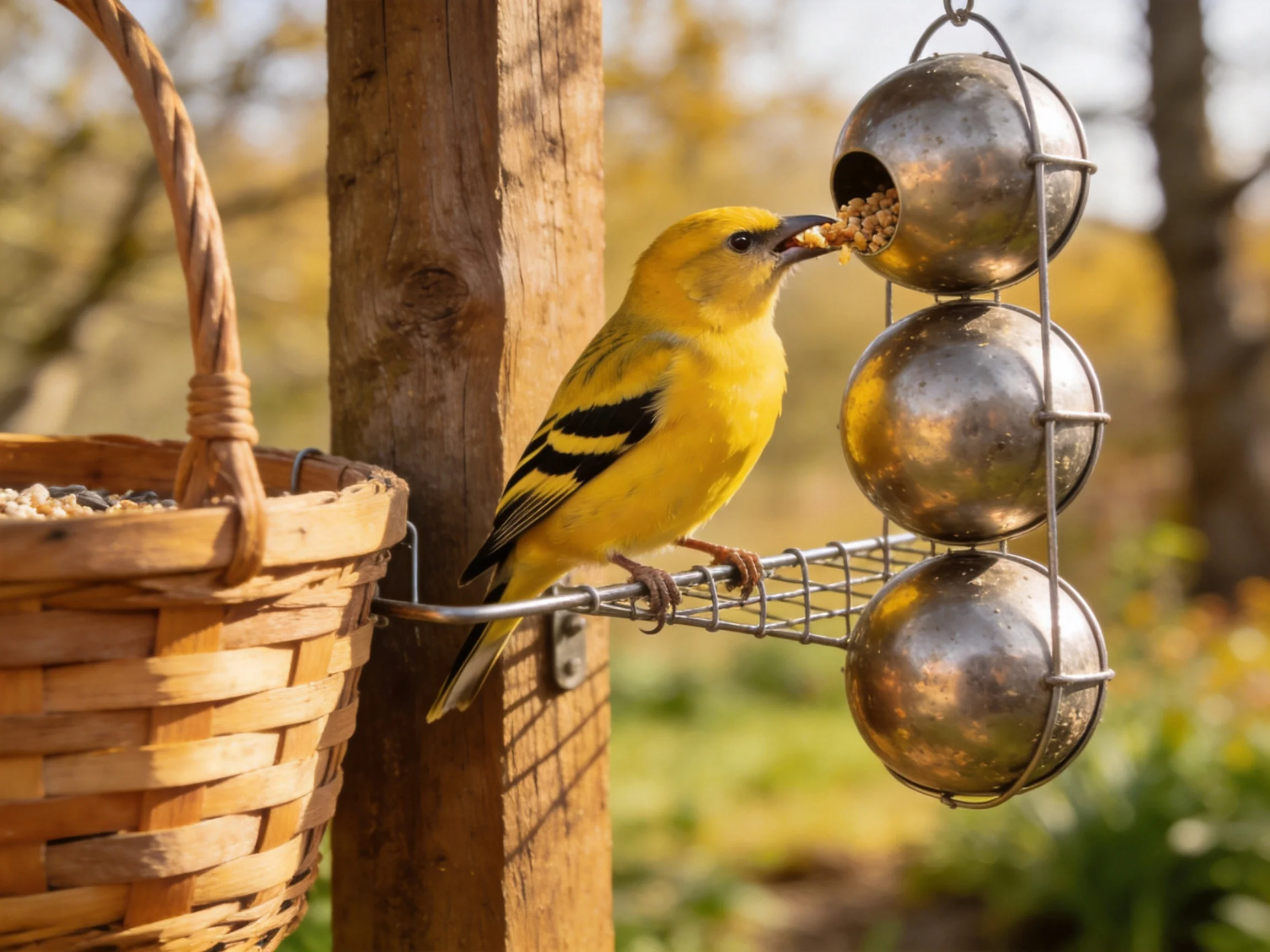 Yellow bird with black markings feeding from metallic feeder beside wicker basket