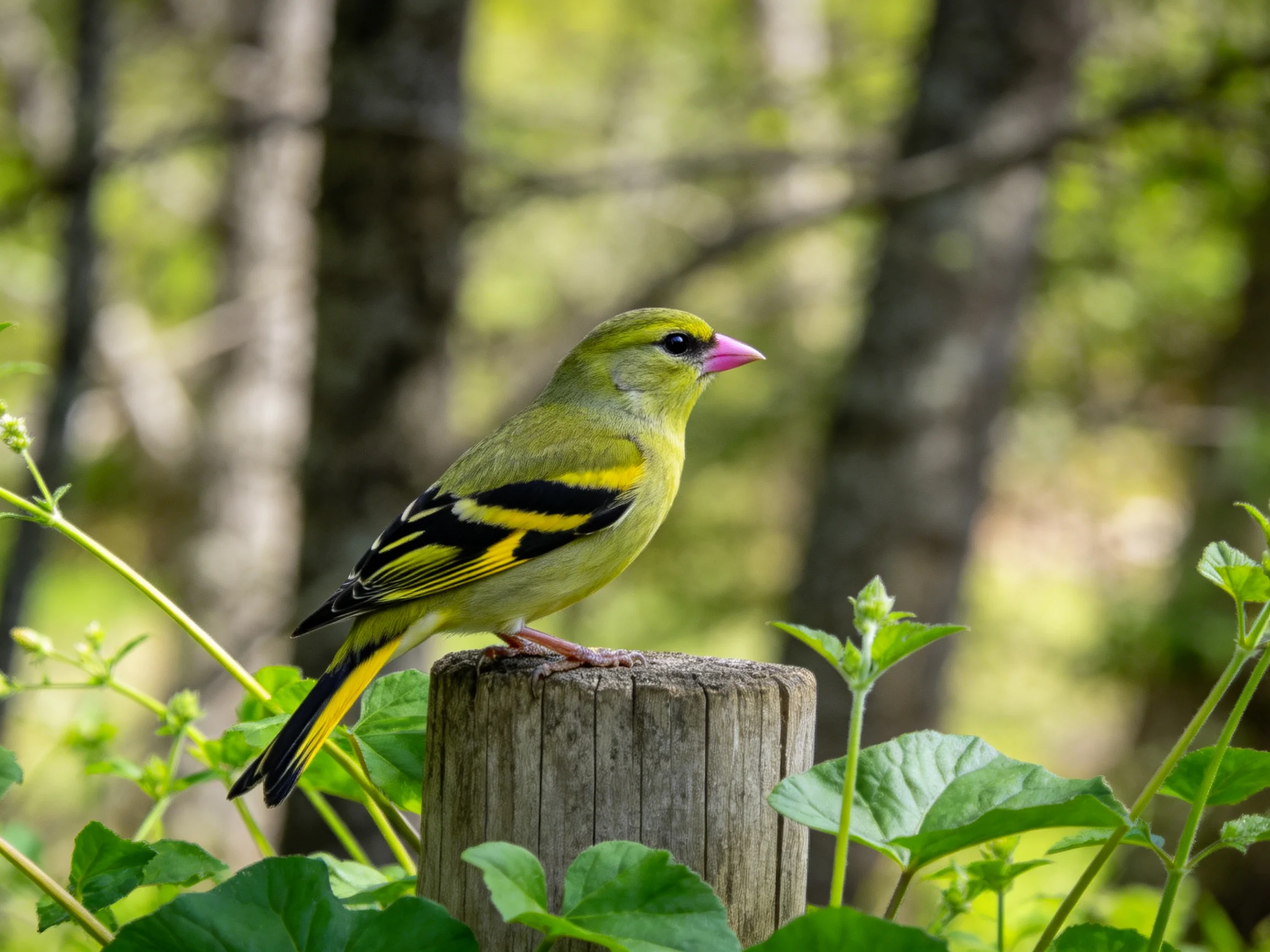 Yellow bird with black wing stripes perched on wooden post