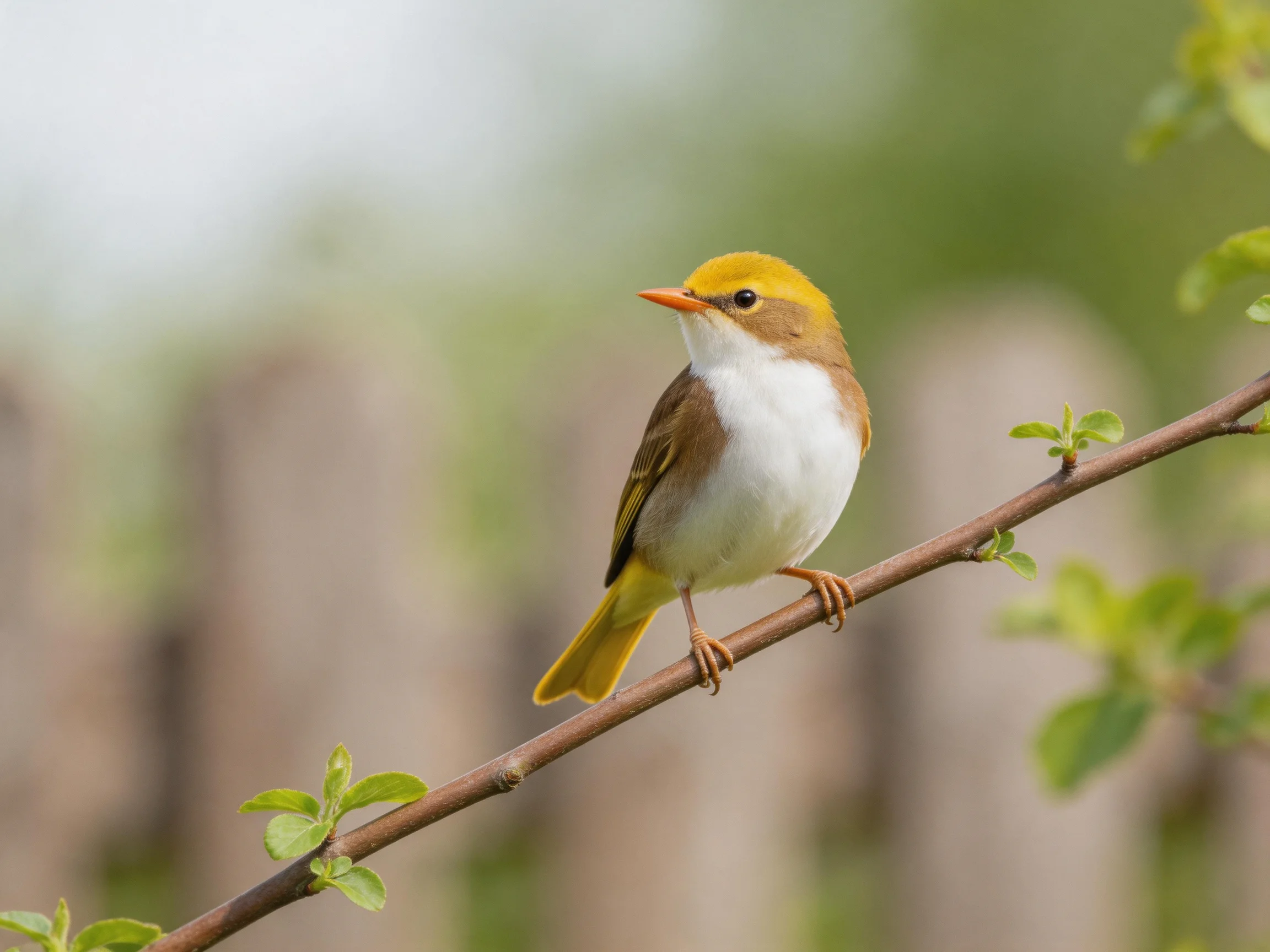 Yellow-capped bird perched on slender branch with fresh green leaves