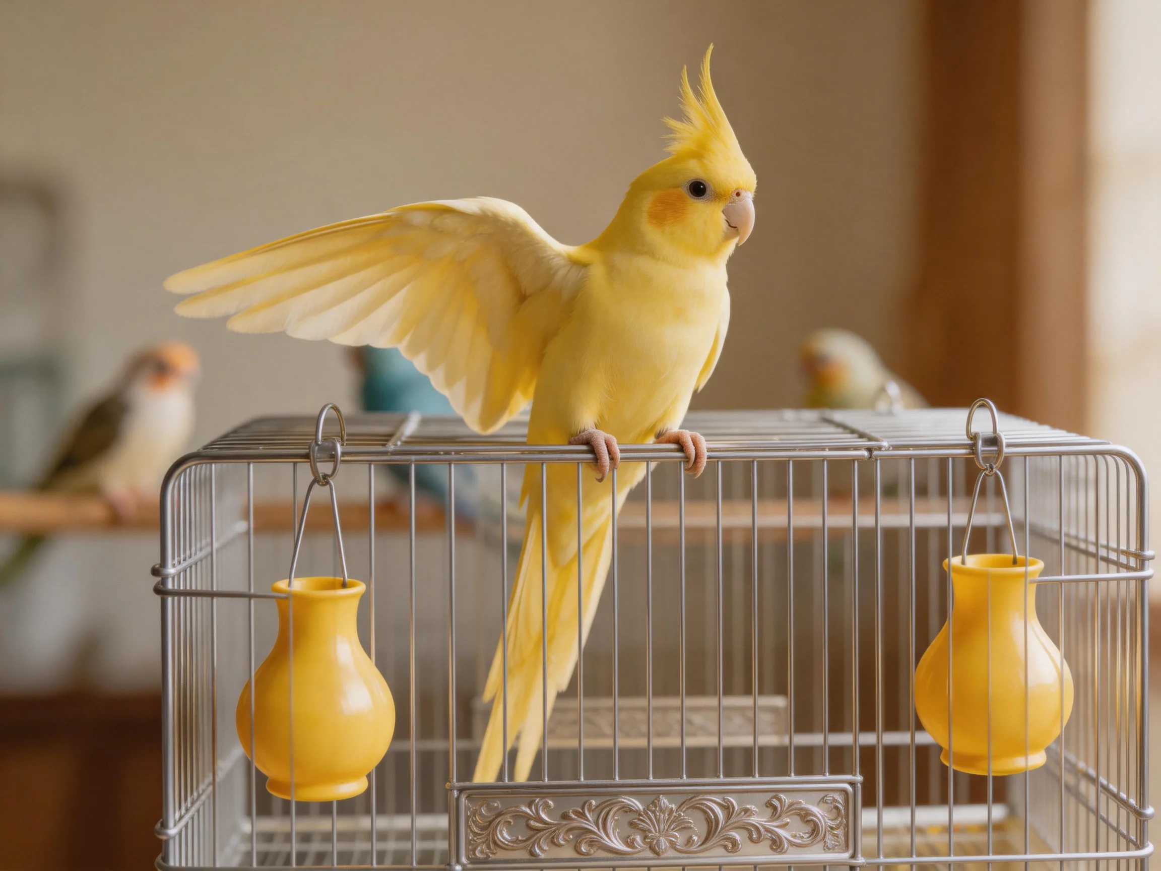 Yellow cockatiel perched on ornate metal cage with two yellow feeders