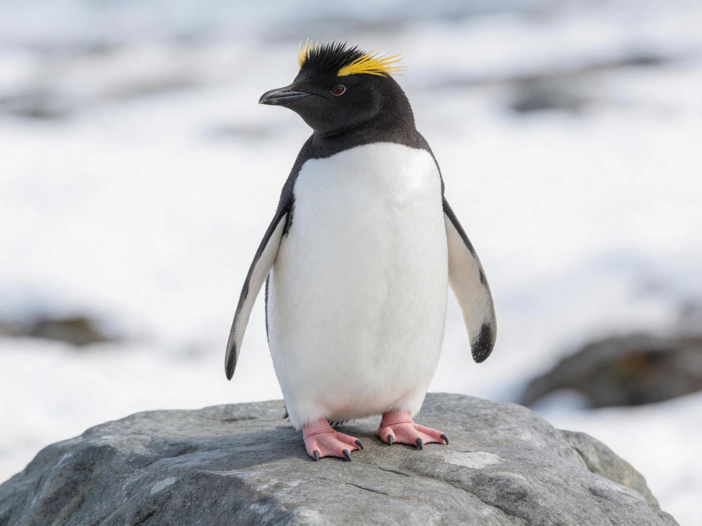 Yellow-crested penguin stands on gray rock near snow