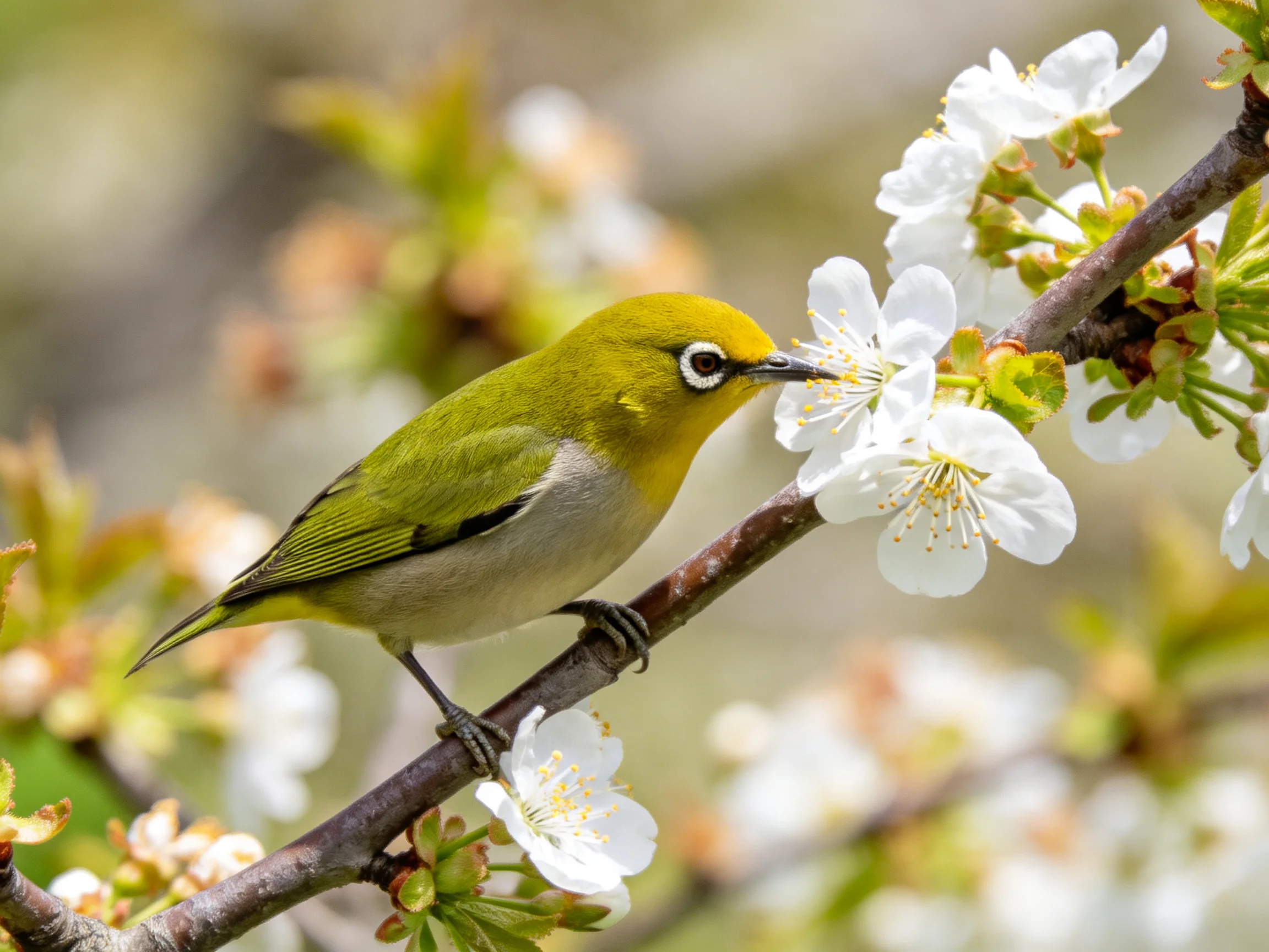 Yellow-green bird perched among cherry blossoms