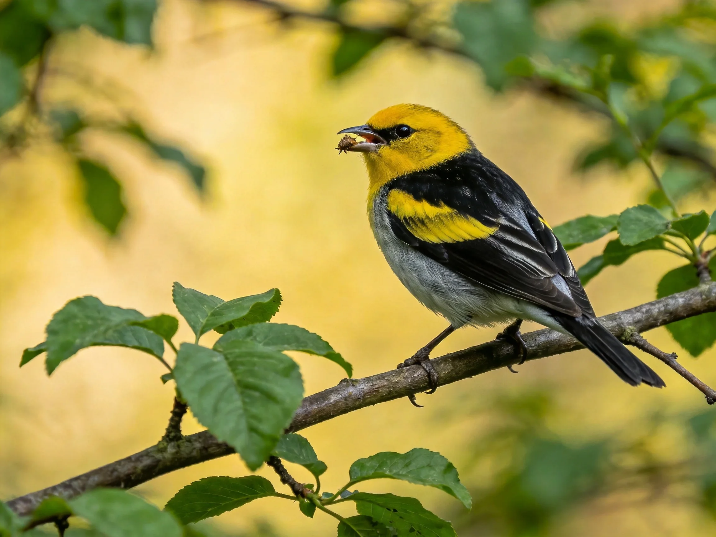 A colorful bird rests on a branch while holding food